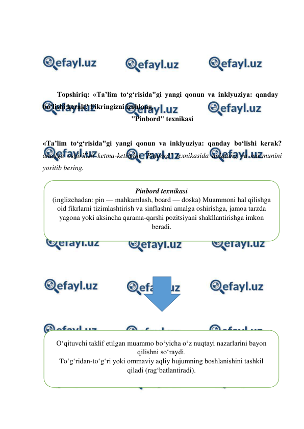  
 
 
 
 
 
 
Topshiriq: «Ta’lim to‘g‘risida"gi yangi qonun va inklyuziya: qanday 
bo‘lishi kerak? Fikringizni izohlang. 
"Pinbord" texnikasi 
 
«Ta’lim to‘g‘risida"gi yangi qonun va inklyuziya: qanday bo‘lishi kerak? 
amalga oshirilish ketma-ketligini "Pinbord" texnikasida aniqlang va mazmunini 
yoritib bering. 
 
 
 
 
 
 
 
 
 
 
 
 
 
 
 
 
 
 
 
 
Pinbord texnikasi 
(inglizchadan: pin — mahkamlash, board — doska) Muammoni hal qilishga 
oid fikrlarni tizimlashtirish va sinflashni amalga oshirishga, jamoa tarzda 
yagona yoki aksincha qarama-qarshi pozitsiyani shakllantirishga imkon 
beradi. 
O‘qituvchi taklif etilgan muammo bo‘yicha o‘z nuqtayi nazarlarini bayon 
qilishni so‘raydi. 
To‘g‘ridan-to‘g‘ri yoki ommaviy aqliy hujumning boshlanishini tashkil 
qiladi (rag‘batlantiradi). 
