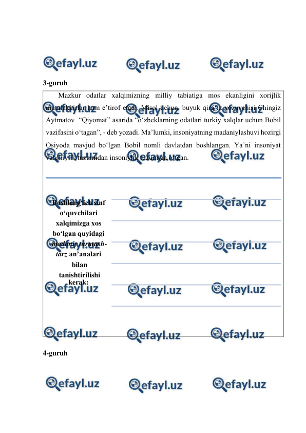  
 
 
 
 
 
3-guruh 
       Mazkur odatlar xalqimizning milliy tabiatiga mos ekanligini xorijlik 
mutafakkirlar ham e’tirof etadi. Misol uchun, buyuk qirg‘iz yozuvchisi Chingiz 
Aytmatov  “Qiyomat” asarida “o‘zbeklarning odatlari turkiy xalqlar uchun Bobil 
vazifasini o‘tagan”, - deb yozadi. Ma’lumki, insoniyatning madaniylashuvi hozirgi 
Osiyoda mavjud bo‘lgan Bobil nomli davlatdan boshlangan. Ya’ni insoniyat 
vahshiylik tuzumidan insoniylik tuzumiga o‘tgan. 
 
 
 
 
 
4-guruh 
Boshlang‘ich sinf 
o‘quvchilari 
xalqimizga xos 
bo‘lgan quyidagi
madaniy turmush-
tarz an’analari
bilan
tanishtirilishi 
kerak:
