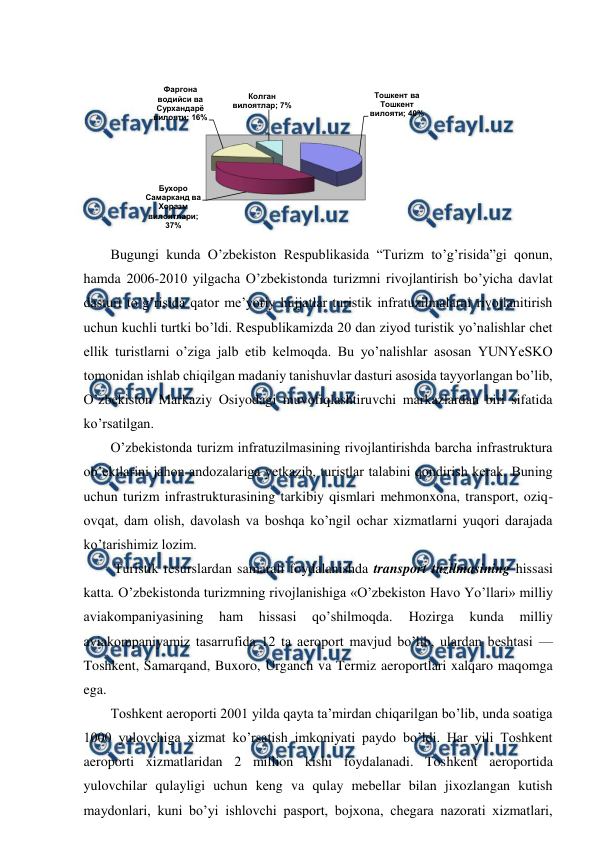  
 
 
Bugungi kunda O’zbekiston Respublikasida “Turizm to’g’risida”gi qonun, 
hamda 2006-2010 yilgacha O’zbekistonda turizmni rivojlantirish bo’yicha davlat 
dasturi to’g’risida qator me’yoriy hujjatlar turistik infratuzilmalarni rivojlanitirish 
uchun kuchli turtki bo’ldi. Respublikamizda 20 dan ziyod turistik yo’nalishlar chet 
ellik turistlarni o’ziga jalb etib kelmoqda. Bu yo’nalishlar asosan YUNYeSKO 
tomonidan ishlab chiqilgan madaniy tanishuvlar dasturi asosida tayyorlangan bo’lib, 
O’zbekiston Markaziy Osiyodagi muvofiqlashtiruvchi markazlardan biri sifatida 
ko’rsatilgan. 
O’zbekistonda turizm infratuzilmasining rivojlantirishda barcha infrastruktura 
ob’ektlarini jahon andozalariga yetkazib, turistlar talabini qondirish kerak. Buning 
uchun turizm infrastrukturasining tarkibiy qismlari mehmonxona, transport, oziq-
ovqat, dam olish, davolash va boshqa ko’ngil ochar xizmatlarni yuqori darajada 
ko’tarishimiz lozim. 
 Turistik resurslardan samarali foydalanishda transport tuzilmasining hissasi 
katta. O’zbekistonda turizmning rivojlanishiga «O’zbekiston Havo Yo’llari» milliy 
aviakompaniyasining 
ham 
hissasi 
qo’shilmoqda. 
Hozirga 
kunda 
milliy 
aviakompaniyamiz tasarrufida 12 ta aeroport mavjud bo’lib, ulardan beshtasi — 
Toshkent, Samarqand, Buxoro, Urganch va Termiz aeroportlari xalqaro maqomga 
ega. 
Toshkent aeroporti 2001 yilda qayta ta’mirdan chiqarilgan bo’lib, unda soatiga 
1000 yulovchiga xizmat ko’rsatish imkoniyati paydo bo’ldi. Har yili Toshkent 
aeroporti xizmatlaridan 2 million kishi foydalanadi. Toshkent aeroportida 
yulovchilar qulayligi uchun keng va qulay mebellar bilan jixozlangan kutish 
maydonlari, kuni bo’yi ishlovchi pasport, bojxona, chegara nazorati xizmatlari, 
Тошкент ва 
Тошкент 
вилояти; 40%
Бухоро 
Самарканд ва 
Хоразм 
вилоятлари; 
37%
Фаргона 
водийси ва 
Сурхандарё 
вилояти; 16%
Колган 
вилоятлар; 7%

