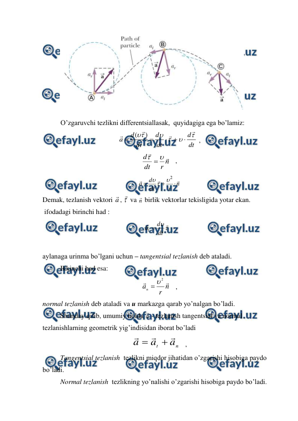  
 
 
 
O’zgaruvchi tezlikni differentsiallasak,  quyidagiga ega bo’lamiz: 
dt
d
dt
d
dt
d
a















)
(
 ,     
n
r
dt
d




   , 
n
r
dt
d
a






2



    
Demak, tezlanish vektori a
, 
 va n
 birlik vektorlar tekisligida yotar ekan. 
 ifodadagi birinchi had : 



dt
d
at 
  ,                                
 
aylanaga urinma bo’lgani uchun – tangentsial tezlanish deb ataladi. 
 
Ikkinchi had esa: 
n
r
an


2


   ,                                
normal tezlanish deb ataladi va u markazga qarab yo’nalgan bo’ladi. 
 
Shunday qilib, umumiy holda a
 - tezlanish tangentsial va normal 
tezlanishlarning geometrik yig’indisidan iborat bo’ladi 
n
t
a
a
a





   ,                              
 
Tangentsial tezlanish  tezlikni miqdor jihatidan o’zgarishi hisobiga paydo 
bo’ladi. 
 
Normal tezlanish  tezlikning yo’nalishi o’zgarishi hisobiga paydo bo’ladi. 

