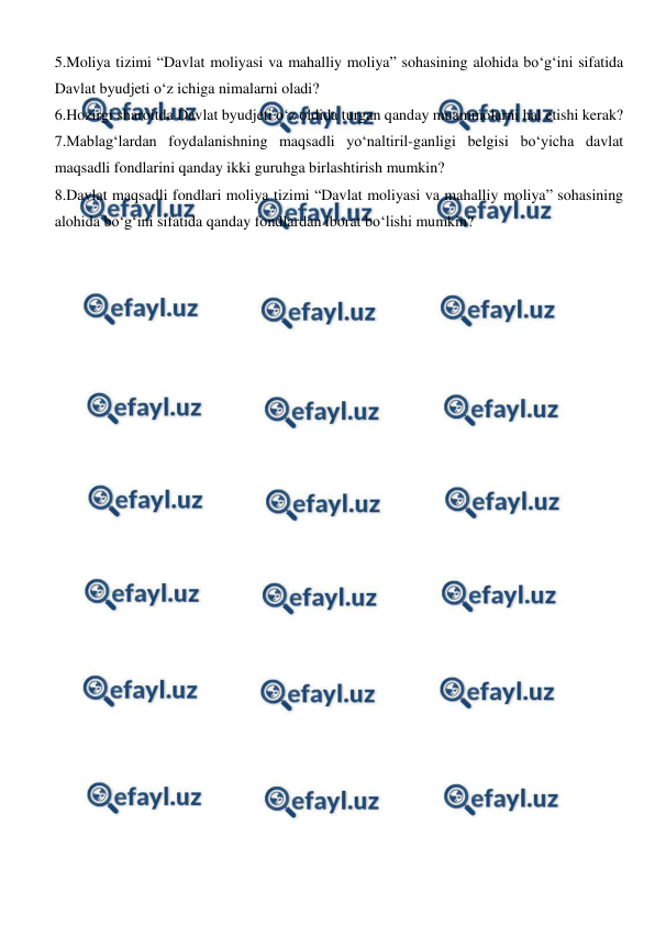  
 
5.Moliya tizimi “Davlat moliyasi va mahalliy moliya” sohasining alohida bo‘g‘ini sifatida 
Davlat byudjeti o‘z ichiga nimalarni oladi? 
6.Hozirgi sharoitda Davlat byudjeti o‘z oldida turgan qanday muammolarni hal etishi kerak? 
7.Mablag‘lardan foydalanishning maqsadli yo‘naltiril-ganligi belgisi bo‘yicha davlat 
maqsadli fondlarini qanday ikki guruhga birlashtirish mumkin? 
8.Davlat maqsadli fondlari moliya tizimi “Davlat moliyasi va mahalliy moliya” sohasining 
alohida bo‘g‘ini sifatida qanday fondlardan iborat bo‘lishi mumkin? 
 
 
