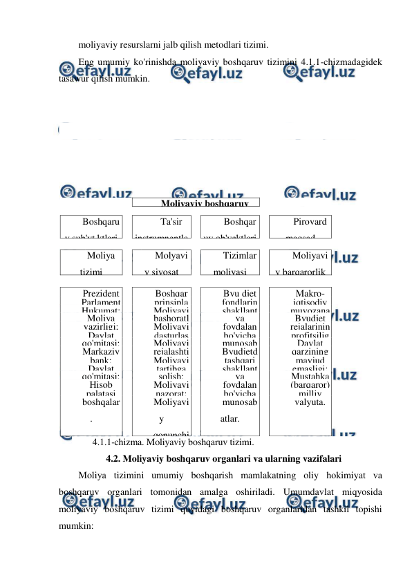  
 
moliyaviy resurslarni jalb qilish metodlari tizimi. 
Eng umumiy ko'rinishda moliyaviy boshqaruv tizimini 4.1.1-chizmadagidek 
tasawur qilish mumkin. 
 
 
 
 
 
 
 
Moliyaviy boshqaruv 
tizimi 
  
 
 
Boshqaru
v sub'yt ktlari 
 
Ta'sir 
instrumnentla
ri 
 
Boshqar
uv ob'yektlari 
 
Pirovard 
maqsad 
 
 
   
 
 
 
 
Moliya 
tizimi 
 
Molyavi
y siyosat 
 
Tizimlar 
moliyasi 
 
Moliyavi
y barqarorlik 
 
 
Prezident 
 
Boshqar
uv 
 
Byu djet 
 
Makro- 
Parlament
; 
 
prinsipla
ri; 
 
fondlarin
i 
 
iqtisodiy 
Hukumat; 
 
Moliyavi
y 
 
shakllant
irish 
 muvozana
t; 
Moliya 
 
bashoratl
ash; 
 
va 
 
Byudjet 
vazirligi; 
 
Moliyavi
y 
 
foydalan
ish 
 rejalarinin
g 
Davlat 
soliq 
 
dasturlas
h; 
 
bo'yicha 
 
profitsilig
i; 
qo'mitasi; 
 
Moliyavi
y 
 
munosab
atlar; 
 
Davlat 
Markaziy 
 
rejalashti
rish; 
 
Byudjetd
an 
 
qarzining 
bank; 
 
Moliyavi
y 
 
tashqari 
 
mavjud 
Davlat 
mulk 
 
tartibga 
 
shakllant
irish 
 
emasligi; 
qo'mitasi; 
 
solish; 
 
va 
 
Mustahka
m 
Hisob 
 
Moliyavi
y 
 
foydalan
ish 
 (barqaror) 
palatasi 
va 
 
nazorat; 
 
bo'yicha 
 
milliy 
boshqalar
. 
 
Moliyavi
y 
qonunchi
lik; 
Moliyavi
y 
tahlil. 
 
munosab
atlar. 
 
valyuta. 
4.1.1-chizma. Moliyaviy boshqaruv tizimi. 
4.2. Moliyaviy boshqaruv organlari va ularning vazifalari 
Moliya tizimini umumiy boshqarish mamlakatning oliy hokimiyat va 
boshqaruv organlari tomonidan amalga oshiriladi. Umumdavlat miqyosida 
moliyaviy boshqaruv tizimi quyidagi boshqaruv organlaridan tashkil topishi 
mumkin: 
