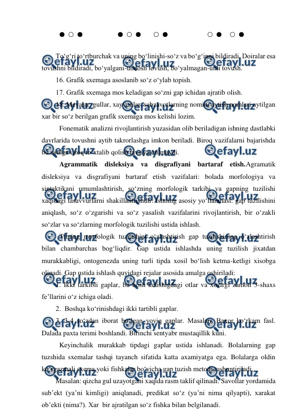  
 
        
    
To‘g‘ri to‘rtburchak va uning bo‘linishi-so‘z va bo‘g‘inni bildiradi. Doiralar esa 
tovushni bildiradi, bo‘yalgani-undosh tovush, bo‘yalmagan-unli tovush. 
16. Grafik sxemaga asoslanib so‘z o‘ylab topish. 
17. Grafik sxemaga mos keladigan so‘zni gap ichidan ajratib olish. 
18. Mevalar, gullar, xayvonlar, sabzavotlarning nomini aytish nomlari aytilgan 
xar bir so‘z berilgan grafik sxemaga mos kelishi lozim. 
 Fonematik analizni rivojlantirish yuzasidan olib beriladigan ishning dastlabki 
davrlarida tovushni aytib takrorlashga imkon beriladi. Biroq vazifalarni bajarishda 
bu usulga uzoq to‘xtalib qolish tavsiya etilmaydi.        
 Agrammatik disleksiya va disgrafiyani bartaraf etish.Agramatik 
disleksiya va disgrafiyani bartaraf etish vazifalari: bolada morfologiya va 
sintaktikani umumlashtirish, so‘zning morfologik tarkibi va gapning tuzilishi 
xaqidagi tasavvurlarni shakillantrishdir. Ishning asosiy yo‘llanmasi: gap tuzilishini 
aniqlash, so‘z o‘zgarishi va so‘z yasalish vazifalarini rivojlantirish, bir o‘zakli 
so‘zlar va so‘zlarning morfologik tuzilishi ustida ishlash. 
 Tilning morfologik tuzilishini o‘zlashtirish gap tuzilishining o‘zlashtirish 
bilan chambarchas bog‘liqdir. Gap ustida ishlashda uning tuzilish jixatdan 
murakkabligi, ontogenezda uning turli tipda xosil bo‘lish ketma-ketligi xisobga 
olinadi. Gap ustida ishlash quyidagi rejalar asosida amalga oshiriladi: 
1. Ikki tarkibli gaplar, bu bosh kelishigdagi otlar va xozirgi zamon 3-shaxs 
fe’llarini o‘z ichiga oladi. 
2.  Boshqa ko‘rinishdagi ikki tartibli gaplar. 
3. 3-4 so‘zdan iborat bo‘lgan yoyiq gaplar. Masalan: Baxor ko‘rkam fasl. 
Dalada paxta terimi boshlandi. Birinchi sentyabr mustaqillik kuni. 
 Keyinchalik murakkab tipdagi gaplar ustida ishlanadi. Bolalarning gap 
tuzshida sxemalar tashqi tayanch sifatida katta axamiyatga ega. Bolalarga oldin 
ko‘rgazmali sxema yoki fishkalar bo‘yicha gap tuzish metodi tushuntiriladi.  
Masalan: qizcha gul uzayotgani xaqida rasm taklif qilinadi. Savollar yordamida 
sub’ekt (ya’ni kimligi) aniqlanadi, predikat so‘z (ya’ni nima qilyapti), xarakat 
ob’ekti (nima?). Xar  bir ajratilgan so‘z fishka bilan belgilanadi. 
