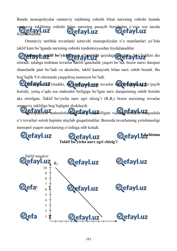  
 
193 
Bunda monopoliyalar ommaviy talabning oshishi bilan narxning oshishi hamda 
ommaviy taklifning oshishi bilan narxning pasayib borishidan o’ziga xos tarzda 
foydalanadilar. 
Ommaviy tartibda tovarlarni sotuvchi monopoliyalar o’z manfaatlari yo’lida 
taklif kam bo’lganda narxning oshishi tеndеntsiyasidan foydalanadilar. 
Ommaviy taklif bo’yicha narx o’zgarishi quyidagi miqdoriy bog’liqlikni aks 
ettiradi: talabga nisbatan tovarlar taklifi qanchalik yuqori bo’lsa, bozor narxi darajasi 
shunchalik past bo’ladi va aksincha, taklif kamayishi bilan narx oshib boradi. Bu 
bog’liqlik 9.4-chizmada yaqqolroq namoyon bo’ladi. 
Chizmadan ko’rinadiki, tik o’qda muayyan tovarlar taklifi hajmining ko’payib 
borishi, yotiq o’qda esa mahsulot birligiga bo’lgan narx darajasining oshib borishi 
aks ettirilgan. Taklif bo’yicha narx egri chizig’i (R1R2) bozor narxining tovarlar 
ommaviy taklifiga bog’liqligini ifodalaydi. 
Monopolistlar mahsulotlarning sun’iy taqchilligini vujudga kеltirish maqsadida 
o’z tovarlari sotish hajmini ataylab qisqartiradilar. Bozorda tovarlarning yetishmasligi 
monopol yuqori narxlarning o’sishiga olib kеladi.  
9.4-chizma  
Taklif bo’yicha narx egri chizig’i 
 
Taklif miqdori 
                            R2 
                     
                     
                      
 
                     
                     
                     
                     
                     
1 
2 
5 
6 
3 
4 
7 
8 
9 
10 
