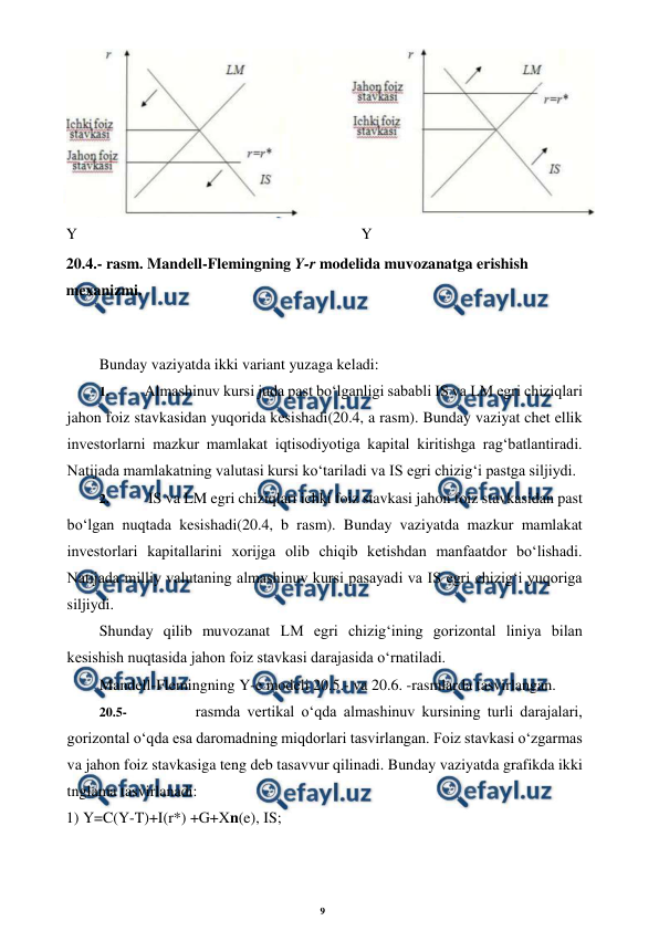 9 
 
 
 
Bunday vaziyatda ikki variant yuzaga keladi: 
1. 
Almashinuv kursi juda past bo‘lganligi sababli IS va LM egri chiziqlari 
jahon foiz stavkasidan yuqorida kesishadi(20.4, a rasm). Bunday vaziyat chet ellik 
investorlarni mazkur mamlakat iqtisodiyotiga kapital kiritishga rag‘batlantiradi. 
Natijada mamlakatning valutasi kursi ko‘tariladi va IS egri chizig‘i pastga siljiydi. 
2. 
 IS va LM egri chiziqlari ichki foiz stavkasi jahon foiz stavkasidan past 
bo‘lgan nuqtada kesishadi(20.4, b rasm). Bunday vaziyatda mazkur mamlakat 
investorlari kapitallarini xorijga olib chiqib ketishdan manfaatdor bo‘lishadi. 
Natijada milliy valutaning almashinuv kursi pasayadi va IS egri chizig‘i yuqoriga 
siljiydi. 
Shunday qilib muvozanat LM egri chizig‘ining gorizontal liniya bilan 
kesishish nuqtasida jahon foiz stavkasi darajasida o‘rnatiladi. 
Mandell-Flemingning Y-e modeli 20.5.- va 20.6. -rasmlarda tasvirlangan. 
20.5- 
rasmda vertikal o‘qda almashinuv kursining turli darajalari, 
gorizontal o‘qda esa daromadning miqdorlari tasvirlangan. Foiz stavkasi o‘zgarmas 
va jahon foiz stavkasiga teng deb tasavvur qilinadi. Bunday vaziyatda grafikda ikki 
tnglama tasvirlanadi: 
1) Y=C(Y-T)+I(r*) +G+Xn(e), IS; 
 
Y 
Y 
20.4.- rasm. Mandell-Flemingning Y-r modelida muvozanatga erishish 
mexanizmi. 
