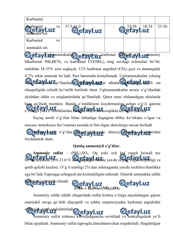  
 
Karbamid 
 
 
 
 
 
 
Karbamid 
va 
ammiakli sel. 
37,5-41,0 
- 
- 
53-56 
18-24 
23-26 
Karbamid 
va 
ammiakli sel. 
 
 
 
 
 
 
1. 
Ugleammiakatlar - ammoniy karbonat (NH4)2 CO3 ammoniy 
bikarbonat NH4HCO3 va karbamid CO(NH2)2 ning suvdagi eritmalari bo’lib, 
tarkibida 18-35% azot saqlaydi, 12% karbonat angidrid (CO2) gazi va shuningdek 
4-7% erkin ammiak bo’ladi. Past haroratda kristallanadi. Ugleammiakatlar yilning 
issiq davrlarida qo’llaniladi. Ugleammiakatlar albatta tuproqning 10-16 sm 
chuqurligida solinib ko’milib ketilishi shart. Ugleammiakatlar asosiy o’g’itlashda 
ekishdan oldin va oziqlantirishda qo’llaniladi. Qator orasi ishlanadigan ekinlarda 
ham qo’llash mumkin. Bunda o’simliklarni kuydirmasligi uchun o’g’it qatorni 
o’rtasiga yoki o’simliklardan kamida 10-12 sm uzoqlikda ko’milib ketiladi. 
Suyuq azotli o’g’itlar bilan ishlashga faqatgina tibbiy ko’rikdan o’tgan va 
maxsus instruksiya (ko’rsatma) asosida ta’lim olgan shaxslarga ruxsat beriladi. 
Suyuq azotli o’g’itlar bilan ishlaganda shaxsiy himoya vositalaridan 
foydalanish shart. 
Qattiq ammoniyli o’g’itlar. 
Ammoniy sulfat - (NH4)2SO4. Oq yoki och kul rangli kristall tuz 
bo’lib,tarkibida 20,8-21,0 % azot saqlaydi. Suvda yaxshi eriydi. Gigroskopikligi va 
qotib qolishi kuchsiz. O’g’it namligi 2% dan oshmaganda yaxshi sochiluvchanlikka 
ega bo’ladi.Tuproqqa solingach uni kislotaliligini oshiradi. Sintetik ammiakka sulfat 
kislota ta’sir ettirib olinadi: 
2NH3 + H2SO4=(NH4)2SO4 
Ammoniy sulfat ishlab chiqarishda sulfat kislota o’rniga maydalangan gipsni 
ammiakli suvga qo’shib chayqatib va ushbu suspenziyadan karbonat angidridni 
o’tkazish orqali aralashtiriladi: 
Ammoniy sulfat eritmasi kristallanguncha sovitiladi va sentrafugalash yo’li 
bilan ajratiladi. Ammoniy sulfat tuproqda almashinuvchan singdiriladi. Singdirilgan 
