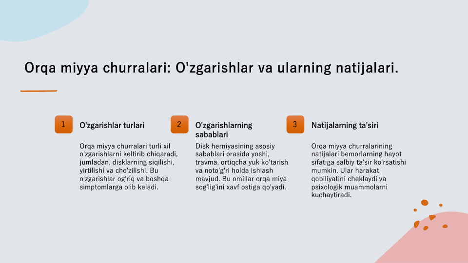 Orqa miyya churralari: O'zgarishlar va ularning natijalari.
1
O'zgarishlar turlari
Orqa miyya churralari turli xil 
o'zgarishlarni keltirib chiqaradi, 
jumladan, disklarning siqilishi, 
yirtilishi va cho'zilishi. Bu 
o'zgarishlar og'riq va boshqa 
simptomlarga olib keladi.
2
O'zgarishlarning 
sabablari
Disk herniyasining asosiy 
sabablari orasida yoshi, 
travma, ortiqcha yuk ko'tarish 
va noto'g'ri holda ishlash 
mavjud. Bu omillar orqa miya 
sog'lig'ini xavf ostiga qo'yadi.
3
Natijalarning ta'siri
Orqa miyya churralarining 
natijalari bemorlarning hayot 
sifatiga salbiy ta'sir ko'rsatishi 
mumkin. Ular harakat 
qobiliyatini cheklaydi va 
psixologik muammolarni 
kuchaytiradi.
