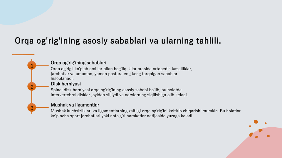 Orqa og'rig'ining asosiy sabablari va ularning tahlili.
1
Orqa og'rig'ining sabablari
Orqa og'rig'i ko'plab omillar bilan bog'liq. Ular orasida ortopedik kasalliklar, 
jarohatlar va umuman, yomon postura eng keng tarqalgan sabablar 
hisoblanadi.
2
Disk herniyasi
Spinal disk herniyasi orqa og'rig'ining asosiy sababi bo'lib, bu holatda 
intervertebral disklar joyidan siljiydi va nervlarning siqilishiga olib keladi.
3
Mushak va ligamentlar
Mushak kuchsizliklari va ligamentlarning zaifligi orqa og'rig'ini keltirib chiqarishi mumkin. Bu holatlar 
ko'pincha sport jarohatlari yoki noto'g'ri harakatlar natijasida yuzaga keladi.
