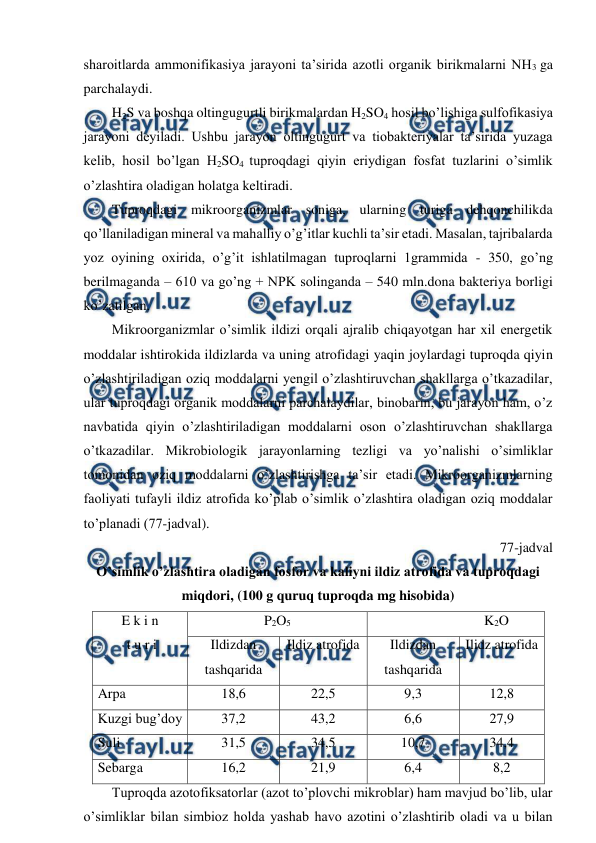  
 
sharoitlarda ammonifikasiya jarayoni ta’sirida azotli organik birikmalarni NH3 ga 
parchalaydi. 
H2S va boshqa oltingugurtli birikmalardan H2SO4 hosil bo’lishiga sulfofikasiya 
jarayoni deyiladi. Ushbu jarayon oltingugurt va tiobakteriyalar ta’sirida yuzaga 
kelib, hosil bo’lgan H2SO4 tuproqdagi qiyin eriydigan fosfat tuzlarini o’simlik 
o’zlashtira oladigan holatga keltiradi. 
Tuproqdagi mikroorganizmlar soniga, ularning turiga dehqonchilikda 
qo’llaniladigan mineral va mahalliy o’g’itlar kuchli ta’sir etadi. Masalan, tajribalarda 
yoz oyining oxirida, o’g’it ishlatilmagan tuproqlarni 1grammida - 350, go’ng 
berilmaganda – 610 va go’ng + NPK solinganda – 540 mln.dona bakteriya borligi 
ko’zatilgan. 
Mikroorganizmlar o’simlik ildizi orqali ajralib chiqayotgan har xil energetik 
moddalar ishtirokida ildizlarda va uning atrofidagi yaqin joylardagi tuproqda qiyin 
o’zlashtiriladigan oziq moddalarni yengil o’zlashtiruvchan shakllarga o’tkazadilar, 
ular tuproqdagi organik moddalarni parchalaydilar, binobarin, bu jarayon ham, o’z 
navbatida qiyin o’zlashtiriladigan moddalarni oson o’zlashtiruvchan shakllarga 
o’tkazadilar. Mikrobiologik jarayonlarning tezligi va yo’nalishi o’simliklar 
tomonidan oziq moddalarni o’zlashtirishga ta’sir etadi. Mikroorganizmlarning 
faoliyati tufayli ildiz atrofida ko’plab o’simlik o’zlashtira oladigan oziq moddalar 
to’planadi (77-jadval). 
77-jadval 
O’simlik o’zlashtira oladigan fosfor va kaliyni ildiz atrofida va tuproqdagi 
miqdori, (100 g quruq tuproqda mg hisobida) 
E k i n  
 t u r i 
P2O5 
K2O 
Ildizdan 
tashqarida 
Ildiz atrofida 
Ildizdan 
tashqarida 
Ilidz atrofida 
Arpa  
18,6 
22,5 
9,3 
12,8 
Kuzgi bug’doy  
37,2 
43,2 
6,6 
27,9 
Suli  
31,5 
34,5 
10,7 
34,4 
Sebarga  
16,2 
21,9 
6,4 
8,2 
Tuproqda azotofiksatorlar (azot to’plovchi mikroblar) ham mavjud bo’lib, ular 
o’simliklar bilan simbioz holda yashab havo azotini o’zlashtirib oladi va u bilan 
