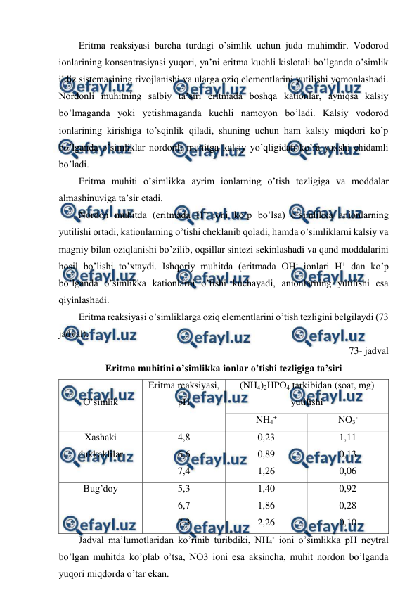 
 
Eritma reaksiyasi barcha turdagi o’simlik uchun juda muhimdir. Vodorod 
ionlarining konsentrasiyasi yuqori, ya’ni eritma kuchli kislotali bo’lganda o’simlik 
ildiz sistemasining rivojlanishi va ularga oziq elementlarini yutilishi yomonlashadi. 
Nordonli muhitning salbiy ta’siri eritmada boshqa kationlar, ayniqsa kalsiy 
bo’lmaganda yoki yetishmaganda kuchli namoyon bo’ladi. Kalsiy vodorod 
ionlarining kirishiga to’sqinlik qiladi, shuning uchun ham kalsiy miqdori ko’p 
bo’lganda o’simliklar nordonli muhitga kalsiy yo’qligidan ko’ra yaxshi chidamli 
bo’ladi. 
Eritma muhiti o’simlikka ayrim ionlarning o’tish tezligiga va moddalar 
almashinuviga ta’sir etadi. 
Nordon muhitda (eritmada H+ ioni ko’p bo’lsa) o’simlikka anionlarning 
yutilishi ortadi, kationlarning o’tishi cheklanib qoladi, hamda o’simliklarni kalsiy va 
magniy bilan oziqlanishi bo’zilib, oqsillar sintezi sekinlashadi va qand moddalarini 
hosil bo’lishi to’xtaydi. Ishqoriy muhitda (eritmada OH- ionlari H+ dan ko’p 
bo’lganda o’simlikka kationlarni o’tishi kuchayadi, anionlarning yutilishi esa 
qiyinlashadi. 
Eritma reaksiyasi o’simliklarga oziq elementlarini o’tish tezligini belgilaydi (73 
jadval). 
73- jadval 
Eritma muhitini o’simlikka ionlar o’tishi tezligiga ta’siri 
 
O’simlik 
Eritma reaksiyasi, 
pH 
(NH4)2HPO4 tarkibidan (soat, mg) 
yutilishi 
NH4+ 
NO3- 
Xashaki 
dukkaklilar 
4,8 
6,6 
7,4 
0,23 
0,89 
1,26 
1,11 
0,13 
0,06 
Bug’doy 
5,3 
6,7 
7,3 
1,40 
1,86 
2,26 
0,92 
0,28 
0,10 
Jadval ma’lumotlaridan ko’rinib turibdiki, NH4- ioni o’simlikka pH neytral 
bo’lgan muhitda ko’plab o’tsa, NO3 ioni esa aksincha, muhit nordon bo’lganda 
yuqori miqdorda o’tar ekan. 
