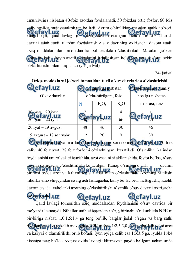  
 
umumiysiga nisbatan 40-foiz azotdan foydalanadi, 50 foizdan ortiq fosfor, 60 foiz 
kaliy hosilda mujassamlashgan bo’ladi. Ayrim o’simliklar, masalan makkajo’xori, 
kungaboqar, qand lavlagi juda uzoq davom etadigan moddalarni o’zlashtirish 
davrini talab etadi, ulardan foydalanish o’suv davrining oxirigacha davom etadi. 
Oziq moddalar ular tomonidan har xil tezlikda o’zlashtiriladi. Masalan, jo’xori 
o’simligi kaliy, keyin azotli oziqalarini jadallashgan holda, so’ngra fosforni sekin 
o’zlashtirishi bilan farqlanadi (74- jadval). 
74- jadval 
Oziqa moddalarni jo’xori tomonidan turli o’suv davrlarida o’zlashtirishi 
 
O’suv davrlari 
Umumiyga nisbatan 
o’zlashtirilgani, foiz 
Biomassani umumiy 
hosilga nisbatan 
massasi, foiz 
N 
P2O5 
K2O 
20 may – 20 iyun 
2 
1 
4 
1 
20 iyun – 20 iyul 
38 
27 
66 
23 
20 iyul – 19 avgust 
48 
46 
30 
46 
19 avgust – 18 sentyabr 
12 
26 
0 
30 
Keltirilgan jadval ma’lumotlariga ko’ra, jo’xori ikkinchi o’sish oyida 70 foiz 
kaliy, 40 foiz azot, 28 foiz fosforni o’zlashtirgani kuzatiladi. O’simlikni kaliydan 
foydalanishi uni ro’vak chiqarishida, azot esa uni shakllanishida, fosfor bo’lsa, o’suv 
davrini oxirigacha o’zlashtirilishi ko’zatilgan. Kanop o’simligi o’sish 
davrini 
birinchi oyida azot va kaliyni tez sur’atlar bilan o’zlashtiradi. Azotning yutilishi 
nihollar unib chiqqandan so’ng uch haftagacha, kaliy bo’lsa besh haftagacha, kuchli 
davom etsada, vaholanki azotning o’zlashtirilishi o’simlik o’suv davrini oxirigacha 
davom etadi. 
Qand lavlagi tomonidan oziq moddalardan foydalanishi o’suv davrida bir 
me’yorda ketmaydi. Nihollar unib chiqqandan so’ng, birinchi o’n kunlikda NPK ni 
bir-biriga nisbati 1,0:1,5:1,4 ga teng bo’lib, barglar jadal o’sgan va barg sathi 
rivojlangan davrga kelib may oyida NPK nisbati 1:2,5:3,0 ga teng bo’ladi ya’ni azot 
va kaliyni o’zlashtirilishi ortib boradi. Iyun oyiga kelib esa 1:3:3,5 ga, iyulda 1:4:4 
nisbatga teng bo’ldi. Avgust oyida lavlagi ildizmevasi paydo bo’lgani uchun unda 
