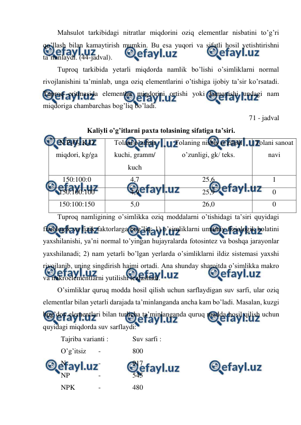  
 
Mahsulot tarkibidagi nitratlar miqdorini oziq elementlar nisbatini to’g’ri 
qo’llash bilan kamaytirish mumkin. Bu esa yuqori va sifatli hosil yetishtirishni 
ta’minlaydi. (44-jadval). 
Tuproq tarkibida yetarli miqdorda namlik bo’lishi o’simliklarni normal 
rivojlanishini ta’minlab, unga oziq elementlarini o’tishiga ijobiy ta’sir ko’rsatadi. 
Tuproq eritmasida elementlar miqdorini ortishi yoki kamayishi undagi nam 
miqdoriga chambarchas bog’liq bo’ladi. 
71 - jadval 
Kaliyli o’g’itlarni paxta tolasining sifatiga ta’siri. 
N:P2O5:K2O 
miqdori, kg/ga 
Tolani o’zilish 
kuchi, gramm/ 
kuch 
Tolaning nisbiy o’zilish 
o’zunligi, gk/ teks. 
Tolani sanoat 
navi 
150:100:0 
4,7 
25,6 
1 
150:100:100 
4,9 
25,9 
0 
150:100:150 
5,0 
26,0 
0 
Tuproq namligining o’simlikka oziq moddalarni o’tishidagi ta’siri quyidagi 
fiziologik va fizik faktorlarga bog’liq: 1) o’simliklarni umumiy fiziologik holatini 
yaxshilanishi, ya’ni normal to’yingan hujayralarda fotosintez va boshqa jarayonlar 
yaxshilanadi; 2) nam yetarli bo’lgan yerlarda o’simliklarni ildiz sistemasi yaxshi 
rivojlanib, uning singdirish hajmi ortadi. Ana shunday sharoitda o’simlikka makro 
va mikroelementlarni yutilishi tezlashadi. 
O’simliklar quruq modda hosil qilish uchun sarflaydigan suv sarfi, ular oziq 
elementlar bilan yetarli darajada ta’minlanganda ancha kam bo’ladi. Masalan, kuzgi 
bug’doy elementlari bilan turlicha ta’minlanganda quruq modda hosil qilish uchun 
quyidagi miqdorda suv sarflaydi: 
 Tajriba varianti :  
Suv sarfi : 
 O’g’itsiz 
 - 
 
800 
 N 
 
 - 
 
917 
 NP 
 
 - 
 
545 
 NPK  
 - 
 
480 
