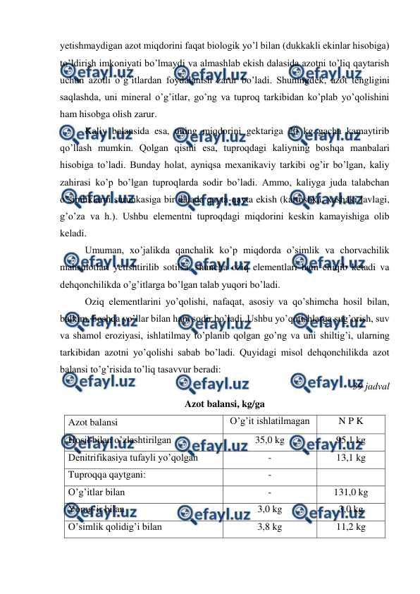  
 
yetishmaydigan azot miqdorini faqat biologik yo’l bilan (dukkakli ekinlar hisobiga) 
to’ldirish imkoniyati bo’lmaydi va almashlab ekish dalasida azotni to’liq qaytarish 
uchun azotli o’g’itlardan foydalanish zarur bo’ladi. Shuningdek, azot tengligini 
saqlashda, uni mineral o’g’itlar, go’ng va tuproq tarkibidan ko’plab yo’qolishini 
ham hisobga olish zarur. 
Kaliy balansida esa, uning miqdorini gektariga 20 kg gacha kamaytirib 
qo’llash mumkin. Qolgan qismi esa, tuproqdagi kaliyning boshqa manbalari 
hisobiga to’ladi. Bunday holat, ayniqsa mexanikaviy tarkibi og’ir bo’lgan, kaliy 
zahirasi ko’p bo’lgan tuproqlarda sodir bo’ladi. Ammo, kaliyga juda talabchan 
o’simliklarni surunkasiga bir dalada qayta-qayta ekish (kartoshka, xashaki lavlagi, 
g’o’za va h.). Ushbu elementni tuproqdagi miqdorini keskin kamayishiga olib 
keladi. 
Umuman, xo’jalikda qanchalik ko’p miqdorda o’simlik va chorvachilik 
mahsulotlari yetishtirilib sotilsa, shuncha oziq elementlari ham chiqib ketadi va 
dehqonchilikda o’g’itlarga bo’lgan talab yuqori bo’ladi. 
Oziq elementlarini yo’qolishi, nafaqat, asosiy va qo’shimcha hosil bilan, 
balkim, boshqa yo’llar bilan ham sodir bo’ladi. Ushbu yo’qotishlarga sug’orish, suv 
va shamol eroziyasi, ishlatilmay to’planib qolgan go’ng va uni shiltig’i, ularning 
tarkibidan azotni yo’qolishi sabab bo’ladi. Quyidagi misol dehqonchilikda azot 
balansi to’g’risida to’liq tasavvur beradi: 
39 jadval 
Azot balansi, kg/ga  
Azot balansi 
O’g’it ishlatilmagan 
N P K 
Hosil bilan o’zlashtirilgan  
35,0 kg 
95,1 kg 
Denitrifikasiya tufayli yo’qolgan 
- 
13,1 kg 
Tuproqqa qaytgani:  
- 
 
O’g’itlar bilan 
- 
131,0 kg 
Yomg’ir bilan 
3,0 kg 
3,0 kg 
O’simlik qolidig’i bilan 
3,8 kg 
11,2 kg 
