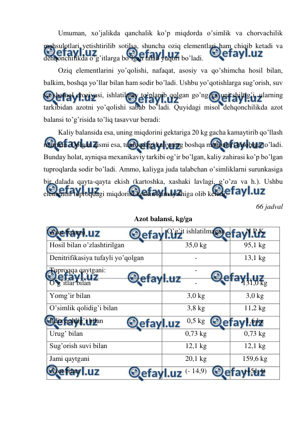  
 
Umuman, xo’jalikda qanchalik ko’p miqdorda o’simlik va chorvachilik 
mahsulotlari yetishtirilib sotilsa, shuncha oziq elementlari ham chiqib ketadi va 
dehqonchilikda o’g’itlarga bo’lgan talab yuqori bo’ladi. 
Oziq elementlarini yo’qolishi, nafaqat, asosiy va qo’shimcha hosil bilan, 
balkim, boshqa yo’llar bilan ham sodir bo’ladi. Ushbu yo’qotishlarga sug’orish, suv 
va shamol eroziyasi, ishlatilmay to’planib qolgan go’ng va uni shiltig’i, ularning 
tarkibidan azotni yo’qolishi sabab bo’ladi. Quyidagi misol dehqonchilikda azot 
balansi to’g’risida to’liq tasavvur beradi: 
Kaliy balansida esa, uning miqdorini gektariga 20 kg gacha kamaytirib qo’llash 
mumkin. Qolgan qismi esa, tuproqdagi kaliyning boshqa manbalari hisobiga to’ladi. 
Bunday holat, ayniqsa mexanikaviy tarkibi og’ir bo’lgan, kaliy zahirasi ko’p bo’lgan 
tuproqlarda sodir bo’ladi. Ammo, kaliyga juda talabchan o’simliklarni surunkasiga 
bir dalada qayta-qayta ekish (kartoshka, xashaki lavlagi, g’o’za va h.). Ushbu 
elementni tuproqdagi miqdorini keskin kamayishiga olib keladi. 
66 jadval 
Azot balansi, kg/ga  
Azot balansi 
O’g’it ishlatilmagan 
N P K 
Hosil bilan o’zlashtirilgan  
35,0 kg 
95,1 kg 
Denitrifikasiya tufayli yo’qolgan 
- 
13,1 kg 
Tuproqqa qaytgani:  
- 
 
O’g’itlar bilan 
- 
131,0 kg 
Yomg’ir bilan 
3,0 kg 
3,0 kg 
O’simlik qolidig’i bilan 
3,8 kg 
11,2 kg 
Ildiz qoldig’i bilan 
0,5 kg 
1,6 kg 
Urug’ bilan 
0,73 kg 
0,73 kg 
Sug’orish suvi bilan 
12,1 kg 
12,1 kg 
Jami qaytgani 
20,1 kg 
159,6 kg 
Azot bilan  
(- 14,9) 
(+51,4) 
