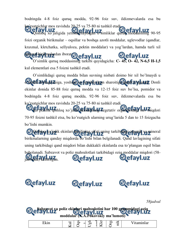  
 
bodringda 4-8 foiz quruq modda, 92-96 foiz suv, ildizmevalarda esa bu 
ko’rsatgichlar mos ravishda 20-25 va 75-80 ni tashkil etadi. 
Qishloq xo’jaligida yetishtirilayotgan o’simliklar quruq moddasining 90-95 
foizi organik birikmalar – oqsillar va boshqa azotli moddalar, uglevodlar (qandlar, 
kraxmal, kletchatka, sellyuloza, pektin moddalar) va yog’lardan, hamda turli xil 
mineral birikmalardan iborat. 
O’simlik quruq moddasining tarkibi quyidagicha: C- 45, O- 42, N-6,5 H-1,5 
kul elementlari esa 5 foizni tashkil etadi. 
O’simlikdagi quruq modda bilan suvning nisbati doimo bir xil bo’lmaydi u 
o’simlik biologiyasiga, yoshiga va yetishtirilgan sharoitiga qarab o’zgaradi. Donli 
ekinlar donida 85-88 foiz quruq modda va 12-15 foiz suv bo’lsa, pomidor va 
bodringda 4-8 foiz quruq modda, 92-96 foiz suv, ildizmevalarda esa bu 
ko’rsatgichlar mos ravishda 20-25 va 75-80 ni tashkil etadi. 
Ko’pchilik qishloq xo’jalik ekinlarining vegetativ organlaridagi suv miqdori 
70-95 foizni tashkil etsa, bu ko’rsatgich ularning urug’larida 5 dan to 15 foizgacha 
bo’lishi mumkin.  
Qishloq xo’jalik ekinlari hosilining sifati uning tarkibidagi organik va mineral 
birikmalarning qanday miqdorda bo’lishi bilan belgilanadi. Qand lavlagining sifati 
uning tarkibidagi qand miqdori bilan dukkakli ekinlarda esa to’plangan oqsil bilan 
baholanadi. Sabzavot va poliz mahsulotlari tarkibidagi oziq moddalar miqdori (58-
jadvalda) keltirilgan. 
 
 
 
 
 
58jadval 
Sabzavot va poliz ekinlari mahsulotini har 100 grammidagi oziq  
moddalar (A.A.Pokovskiy ma’lumoti) 
Ekin 
Kul 
Oqsi
l 
Ugle
vod 
Klet
chat
ka 
Orga
nik 
kislo
ta 
Vitaminlar 
