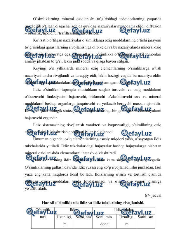  
 
O’simliklarning mineral oziqlanishi to’g’risidagi tadqiqotlarning yuqorida 
qayd qilib o’tilgan qisqacha izohida quyidagi nazariyalar muhoqama etildi: diffuzion 
– osmatik, lipoid, ul’trafiltrasion, adsorbsion. 
Ko’rsatib o’tilgan nazariyalar o’simliklarga oziq moddalarning o’tishi jarayoni 
to’g’risidagi qarashlarning rivojlanishiga olib keldi va bu nazariyalarda mineral oziq 
ma’lum bir ahamiyatga ega. Elementlarini o’simlikka o’tishining har xil tomonlari 
amaliy jihatdan to’g’ri, lekin juda sodda va qisqa bayon etilgan. 
Keyingi o’n yilliklarda mineral oziq elementlarning o’simliklarga o’tish 
nazariyasi ancha rivojlandi va taraqqiy etdi, lekin hozirgi vaqtda bu nazariya oldin 
aytib o’tilgan qoidalardalardagi ayrim fikrlarni ham qamrab olgan. 
Ildiz o’simlikni tuproqda mustahkam saqlab turuvchi va oziq moddalarni 
o’tkazuvchi funksiyasini bajaruvchi, birlamchi o’zlashtiruvchi suv va mineral 
moddalarni boshqa organlarga tarqatuvchi va yetkazib beruvchi maxsus qismidir. 
Ildiz - ko’plab biologik sintez jarayonlarini va boshqa bir qator maxsus funksiyalarni 
bajaruvchi organdir. 
Ildiz sistemasining rivojlanish xarakteri va baquvvatligi, o’simlikning oziq 
elementlarini o’zlashtirish qobiliyati bilan belgilanadi. 
Umuman olganda, oziq elementlarining asosiy miqdori yosh, o’sayotgan ildiz 
tukchalarida yutiladi. Ildiz tukchalaridagi hujayralar boshqa hujayralarga nisbatan 
mineral oziqlanishda elementlarni intensiv o’zlashtiradi. 
Dala ekinlarining ildiz sistemasi juda ham katta singdirish yuzasiga egadir. 
O’simliklarning gullash davrida ildiz yuzasi eng ko’p rivojlanadi, shu jumladan, faol 
yuza eng katta miqdorda hosil bo’ladi. Ildizlarning o’sish va tortilish qismida 
yutilgan oziqa moddalari tezda foydalaniladi va o’simlikni yuqori qismiga 
yo’naltiriladi. 
67- jadval 
Har xil o’simliklarda ildiz va ildiz tolalarining rivojlanishi. 
O’simlik 
turi 
Ildiz 
Ildiz tolalar 
Uzunligi, 
m 
Sathi, sm 
Soni, mln. 
dona 
Uzunligi, 
m 
Sathi, sm 
