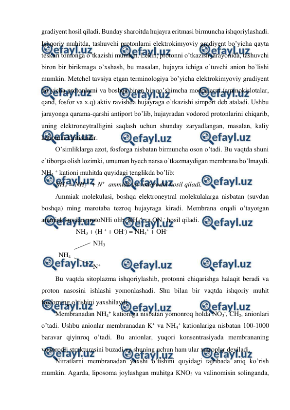  
 
gradiyent hosil qiladi. Bunday sharoitda hujayra eritmasi birmuncha ishqoriylashadi. 
Ishqoriy muhitda, tashuvchi protonlarni elektrokimyoviy gradiyent bo’yicha qayta 
teskari tomonga o’tkazishi mumkin. Lekin, protonni o’tkazish jarayonida, tashuvchi 
biron bir birikmaga o’xshash, bu masalan, hujayra ichiga o’tuvchi anion bo’lishi 
mumkin. Metchel tavsiya etgan terminologiya bo’yicha elektrokimyoviy gradiyent 
bo’yicha protonlarni va boshqa biron bir qo’shimcha moddalarni (aminokislotalar, 
qand, fosfor va x.q) aktiv ravishda hujayraga o’tkazishi simport deb ataladi. Ushbu 
jarayonga qarama-qarshi antiport bo’lib, hujayradan vodorod protonlarini chiqarib, 
uning elektroneytralligini saqlash uchun shunday zaryadlangan, masalan, kaliy 
kationini kiritishidir. 
O’simliklarga azot, fosforga nisbatan birmuncha oson o’tadi. Bu vaqtda shuni 
e’tiborga olish lozimki, umuman hyech narsa o’tkazmaydigan membrana bo’lmaydi. 
NH4 + kationi muhitda quyidagi tenglikda bo’lib: 
NH4 = NH3+ + N+  ammiak va vodorodni hosil qiladi.  
Ammiak molekulasi, boshqa elektroneytral molekulalarga nisbatan (suvdan 
boshqa) ming marotaba tezroq hujayraga kiradi. Membrana orqali o’tayotgan 
ammiak suvdan protoNHi olib, NH4+ va ON - hosil qiladi. 
 
 
NH3 + (H + + OH-) = NH4+ + OH- 
  
 
 
NH3 
  
NH4  
 
  
 
N+ 
Bu vaqtda sitoplazma ishqoriylashib, protonni chiqarishga halaqit beradi va 
proton nasosini ishlashi yomonlashadi. Shu bilan bir vaqtda ishqoriy muhit 
fosforning o’tishini yaxshilaydi. 
Membranadan NH4+ kationiga nisbatan yomonroq holda NO3-, CH2, anionlari 
o’tadi. Ushbu anionlar membranadan K+ va NH4+ kationlariga nisbatan 100-1000 
baravar qiyinroq o’tadi. Bu anionlar, yuqori konsentrasiyada membrananing 
vodorodli strukturasini buzadi va shuning uchun ham ular xatroplar deyiladi. 
Nitratlarni membranadan yaxshi o’tishini quyidagi tajribada aniq ko’rish 
mumkin. Agarda, liposoma joylashgan muhitga KNO3 va valinomisin solinganda, 

