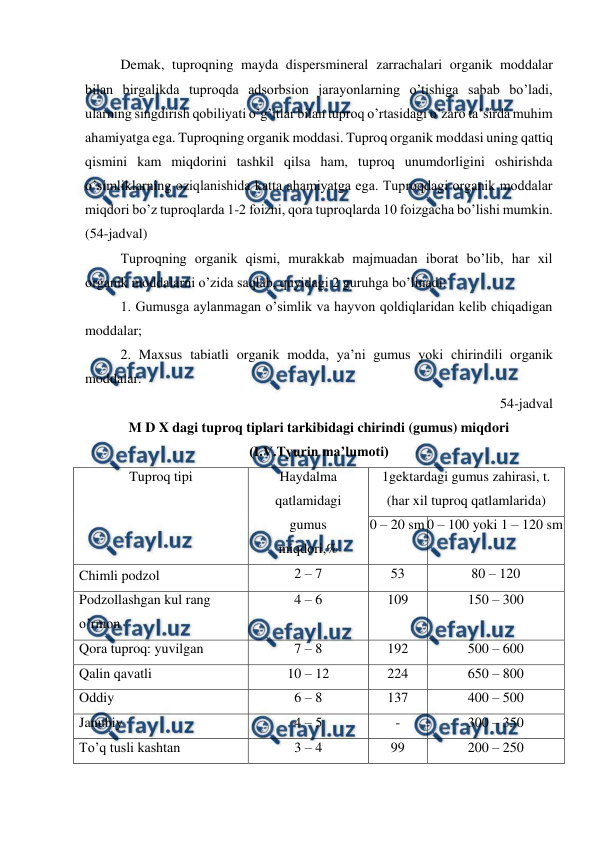  
 
Demak, tuproqning mayda dispersmineral zarrachalari organik moddalar 
bilan birgalikda tuproqda adsorbsion jarayonlarning o’tishiga sabab bo’ladi, 
ularning singdirish qobiliyati o’g’itlar bilan tuproq o’rtasidagi o’zaro ta’sirda muhim 
ahamiyatga ega. Tuproqning organik moddasi. Tuproq organik moddasi uning qattiq 
qismini kam miqdorini tashkil qilsa ham, tuproq unumdorligini oshirishda 
o’simliklarning oziqlanishida katta ahamiyatga ega. Tuproqdagi organik moddalar 
miqdori bo’z tuproqlarda 1-2 foizni, qora tuproqlarda 10 foizgacha bo’lishi mumkin. 
(54-jadval) 
Tuproqning organik qismi, murakkab majmuadan iborat bo’lib, har xil 
organik moddalarni o’zida saqlab, quyidagi 2 guruhga bo’linadi: 
1. Gumusga aylanmagan o’simlik va hayvon qoldiqlaridan kelib chiqadigan 
moddalar; 
2. Maxsus tabiatli organik modda, ya’ni gumus yoki chirindili organik 
moddalar. 
54-jadval 
M D X dagi tuproq tiplari tarkibidagi chirindi (gumus) miqdori  
(I.V.Tyurin ma’lumoti) 
Tuproq tipi 
Haydalma 
qatlamidagi 
gumus  
miqdori,% 
1gektardagi gumus zahirasi, t. 
(har xil tuproq qatlamlarida) 
0 – 20 sm 0 – 100 yoki 1 – 120 sm 
Chimli podzol  
2 – 7 
53 
80 – 120 
Podzollashgan kul rang 
o’rmon 
4 – 6 
109 
150 – 300 
Qora tuproq: yuvilgan 
7 – 8 
192 
500 – 600 
Qalin qavatli  
10 – 12 
224 
650 – 800 
Oddiy 
6 – 8 
137 
400 – 500 
Janubiy  
4 – 5 
- 
300 – 350 
To’q tusli kashtan  
3 – 4 
99 
200 – 250 
