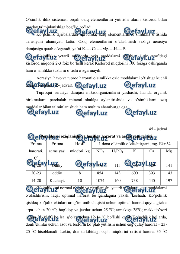  
 
O’simlik ildiz sistemasi orqali oziq elementlarini yutilishi ularni kislorod bilan 
qanday ta’minlanishiga bog’liq bo’ladi. 
Ko’pchilik tajribalardan ma’lumki, oziq elementlarini o’simlikka o’tishida 
aerasiyani ahamiyati katta. Oziq elementlarini o’zlashtirish tezligi aerasiya 
darajasiga qarab o’zgaradi, ya’ni K---- Ca----Mg----H----P. 
O’simlikka yetarli miqdorda oziq moddalarni o’tishida ildiz atrofidagi 
kislorod miqdori 2-3 foiz bo’lishi kerak Kislorod miqdorini 100 foizga oshirganda 
ham o’simlikka tuzlarni o’tishi o’zgarmaydi. 
Aerasiya, havo va tuproq harorati o’simlikka oziq moddalarni o’tishiga kuchli 
ta’sir ko’rsatadi (45-jadval). 
Tuproqni aerasiya darajasi mikroorganizmlarni yashashi, hamda organik 
birikmalarni parchalab mineral shaklga aylantirishida va o’simliklarni oziq 
moddalar bilan ta’minlanishida ham muhim ahamiyatga ega. 
 
 
45 - jadval 
Pomidorni oziqlanishi va hosiliga harorat va aerasiyani ta’siri 
Eritma 
harorati, 
C0 
Eritma 
aerasiyasi 
Hosil 
miqdori, kg 
1 dona o’simlik o’zlashtirgani, mg. Ekv.% 
NO3 
H2PO4 
K 
Ca 
Mg 
14-20 
Oddiy 
7 
776 
115 
506 
329 
141 
20-23 
oddiy 
8 
854 
143 
600 
393 
143 
14-20 
Kuchayt. 
10 
1074 
160 
738 
445 
197 
O’simliklarni normal o’sishi va rivojlanishi, yetarli miqdorda oziqmoddalarni 
o’zlashtirishi, faqat optimal harorat bo’lgandagina yaxshi kechadi. Ko’pchilik 
qishloq xo’jalik ekinlari urug’ini unib chiqishi uchun optimal harorat quyidagicha: 
arpa uchun 20 0C; bug’doy va javdar uchun 25 0C; tamakiga 280C; makkajo’xori 
uchun 32-35 0C bo’lsa, g’o’za uchun 12-14 0C bo’lishi kerak Ko’pchilik hollarda, 
donli ekinlar uchun azot va fosforni ko’plab yutilishi uchun eng qulay harorat + 23-
25 0C hisoblanadi. Lekin, don tarkibidagi oqsil miqdorini ortishi harorat 35 0C 
