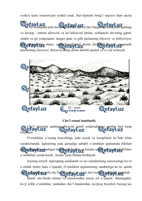  
 
vodiysi katta territoriyani tashkil etadi. Sari-Qamish botig’i massivi ham ancha 
katta. 
Cho’l zonasida turli mexanik tarkibli, har xil sho’rlangan va karbonatli qadimgi 
va hozirgi –zamon allyuvial va ko’lallyuvial jinslar, uchlamchi davrning gipsli, 
ohakli va gil yotqiziqlari, dengiz qum va gilli jinslarning ellyuviy va dellyuviysi, 
turli ohaktoshlar, slanes, mergelli gillardan iborat cho’kindi jinslari, magmatik 
jinslarining elyuviysi, delyuviysining ancha skeletli jinslari va x.z.lar uchraydi. 
 
 
 
 
Cho’l zonasi landshafti. 
Cho’l zonasida qadimgi allyuvial qumli yotqiziqlar va qumlar ham keng 
tarqalgan.  
O’simliklari o’zining kserofitligi, juda siyrak va kompleksli bo’lishi bilan 
xarakterlanadi. Iqlimining juda quruqligi sababli o’simliklar qoplamida ildizlari 
ancha chuqurda o’sadigan turli yarim butalar va butalar asosiy rol o’ynaydi. Efimer 
o’simliklari yozda kuyib , kuzda  yana tiklana boshlaydi. 
Joyning relyefi, tuproqning namlanish va tuz rejimlarining xususiyatiga ko’ra 
o’simlik turlari ham o’zgaradi. O’simliklar qoplamining xarakteriga ko’ra: qumli 
cho’l o’simliklari, gilli cho’llar o’simligi va gipsli sho’rxokli o’simliklar ajratiladi. 
Qumli cho’llarda efemer va efemeroidlar asosiy rol o’ynaydi. Shuningdek, 
ko’p yillik o’simliklar, jumladan cho’l butalaridan, ko’proq boyalich buyurg’un, 
22 - rasm 
