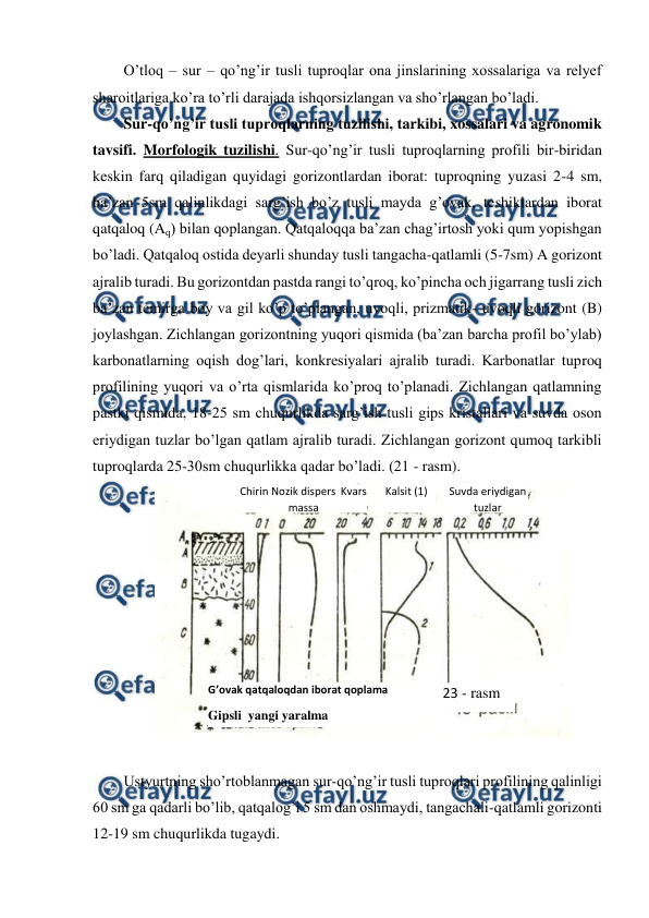  
 
O’tloq – sur – qo’ng’ir tusli tuproqlar ona jinslarining xossalariga va relyef 
sharoitlariga ko’ra to’rli darajada ishqorsizlangan va sho’rlangan bo’ladi. 
Sur-qo’ng’ir tusli tuproqlarning tuzilishi, tarkibi, xossalari va agronomik 
tavsifi. Morfologik tuzilishi. Sur-qo’ng’ir tusli tuproqlarning profili bir-biridan 
keskin farq qiladigan quyidagi gorizontlardan iborat: tuproqning yuzasi 2-4 sm, 
ba’zan 5sm qalinlikdagi sarg’ish bo’z tusli mayda g’ovak, teshiklardan iborat 
qatqaloq (Aq) bilan qoplangan. Qatqaloqqa ba’zan chag’irtosh yoki qum yopishgan 
bo’ladi. Qatqaloq ostida deyarli shunday tusli tangacha-qatlamli (5-7sm) A gorizont 
ajralib turadi. Bu gorizontdan pastda rangi to’qroq, ko’pincha och jigarrang tusli zich 
ba’zan temirga boy va gil ko’p to’plangan, uvoqli, prizmatik- uvoqli gorizont (B) 
joylashgan. Zichlangan gorizontning yuqori qismida (ba’zan barcha profil bo’ylab) 
karbonatlarning oqish dog’lari, konkresiyalari ajralib turadi. Karbonatlar tuproq 
profilining yuqori va o’rta qismlarida ko’proq to’planadi. Zichlangan qatlamning 
pastki qismida, 18-25 sm chuqurlikda sarg’ish tusli gips kristallari va suvda oson 
eriydigan tuzlar bo’lgan qatlam ajralib turadi. Zichlangan gorizont qumoq tarkibli 
tuproqlarda 25-30sm chuqurlikka qadar bo’ladi. (21 - rasm). 
 
 
Ustyurtning sho’rtoblanmagan sur-qo’ng’ir tusli tuproqlari profilining qalinligi 
60 sm ga qadarli bo’lib, qatqalog’i 5 sm dan oshmaydi, tangachali-qatlamli gorizonti 
12-19 sm chuqurlikda tugaydi. 
23 - rasm 
Chirin 
di  
Nozik dispers 
massa 
 Kvars  
Kalsit (1)  
Gips (2) 
Suvda eriydigan 
tuzlar 
G’ovak qatqaloqdan iborat qoplama 
Gipsli  yangi yaralma 
