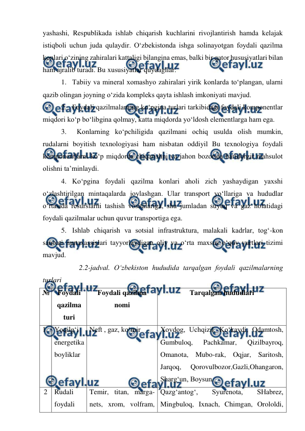  
 
yashashi, Respublikada ishlab chiqarish kuchlarini rivojlantirish hamda kelajak 
istiqboli uchun juda qulaydir. O‘zbekistonda ishga solinayotgan foydali qazilma 
konlari o‘zining zahiralari kattaligi bilangina emas, balki bir qator hususiyatlari bilan 
ham ajralib turadi. Bu xususiyatlar quydagilar: 
1.  Tabiiy va mineral xomashyo zahiralari yirik konlarda to‘plangan, ularni 
qazib olingan joyning o‘zida kompleks qayta ishlash imkoniyati mavjud.  
2.  Foydali qazilmalarning ko‘pgina turlari tarkibidagi foydali komponentlar 
miqdori ko‘p bo‘libgina qolmay, katta miqdorda yo‘ldosh elementlarga ham ega. 
3. 
 Konlarning ko‘pchiligida qazilmani ochiq usulda olish mumkin, 
rudalarni boyitish texnologiyasi ham nisbatan oddiyil Bu texnologiya foydali 
komponentlarni ko‘p miqdorda chiqarishni va jahon bozorida haridorgir mahsulot 
olishni ta’minlaydi. 
4.  Ko‘pgina foydali qazilma konlari aholi zich yashaydigan yaxshi 
o‘zlashtirilgan mintaqalarda joylashgan. Ular transport yo‘llariga va hududlar 
o‘rtasida resurslarni tashish vositalariga, shu jumladan suyuq va gaz holatidagi 
foydali qazilmalar uchun quvur transportiga ega. 
5.  Ishlab chiqarish va sotsial infrastruktura, malakali kadrlar, tog‘-kon 
sanoati mutaxassislari tayyorlaydigan oliy va o‘rta maxsus o‘quv yurtlari tizimi 
mavjud. 
 
 
2.2-jadval. O‘zbekiston hududida tarqalgan foydali qazilmalarning 
turlari  
№ 
Foydali 
qazilma 
turi 
Foydali qazilma 
nomi 
Tarqalgan hududlari 
1 
Yoqilg‘i 
energetika 
boyliklar 
Neft , gaz, ko‘mir 
Xovdog, Uchqizil, Ko‘kaydi, Odamtosh, 
Gumbuloq, 
Pachkamar, 
Qizilbayroq, 
Omanota, Mubo-rak, Oqjar, Saritosh, 
Jarqoq, 
Qorovulbozor,Gazli,Ohangaron, 
Sharg‘un, Boysun. 
2 Rudali 
foydali 
Temir, titan, marga-
nets, xrom, volfram, 
Qazg‘antog‘, 
Syurenota, 
SHabrez, 
Mingbuloq, Ixnach, Chimgan, Orololdi, 
