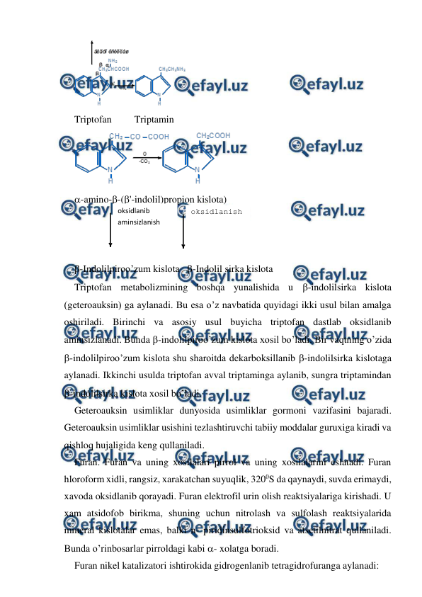  
 
 
Triptofan 
Triptamin 
 
-amino--('-indolil)propion kislota) 
                                                        
 
 
 
-Indolilpiroo’zum kislota   -Indolil sirka kislota 
Triptofan metabolizmining boshqa yunalishida u -indolilsirka kislota 
(geteroauksin) ga aylanadi. Bu esa o’z navbatida quyidagi ikki usul bilan amalga 
oshiriladi. Birinchi va asosiy usul buyicha triptofan dastlab oksidlanib 
aminsizlanadi. Bunda -indolilpiroo’zum kislota xosil bo’ladi. Bir vaqtning o’zida 
-indolilpiroo’zum kislota shu sharoitda dekarboksillanib -indolilsirka kislotaga 
aylanadi. Ikkinchi usulda triptofan avval triptaminga aylanib, sungra triptamindan 
-indolilsirka kislota xosil bo’ladi. 
Geteroauksin usimliklar dunyosida usimliklar gormoni vazifasini bajaradi. 
Geteroauksin usimliklar usishini tezlashtiruvchi tabiiy moddalar guruxiga kiradi va 
qishloq hujaligida keng qullaniladi. 
Furan. Furan va uning xosilalari pirrol va uning xosilalarini eslatadi. Furan 
hloroform xidli, rangsiz, xarakatchan suyuqlik, 3200S da qaynaydi, suvda erimaydi, 
xavoda oksidlanib qorayadi. Furan elektrofil urin olish reaktsiyalariga kirishadi. U 
xam atsidofob birikma, shuning uchun nitrolash va sulfolash reaktsiyalarida 
mineral kislotalar emas, balki n- piridinsulfotrioksid va atsetilnitrat qullaniladi. 
Bunda o’rinbosarlar pirroldagi kabi - xolatga boradi.  
Furan nikel katalizatori ishtirokida gidrogenlanib tetragidrofuranga aylanadi: 
oksidlanib 
aminsizlanish 
oksidlanish 
