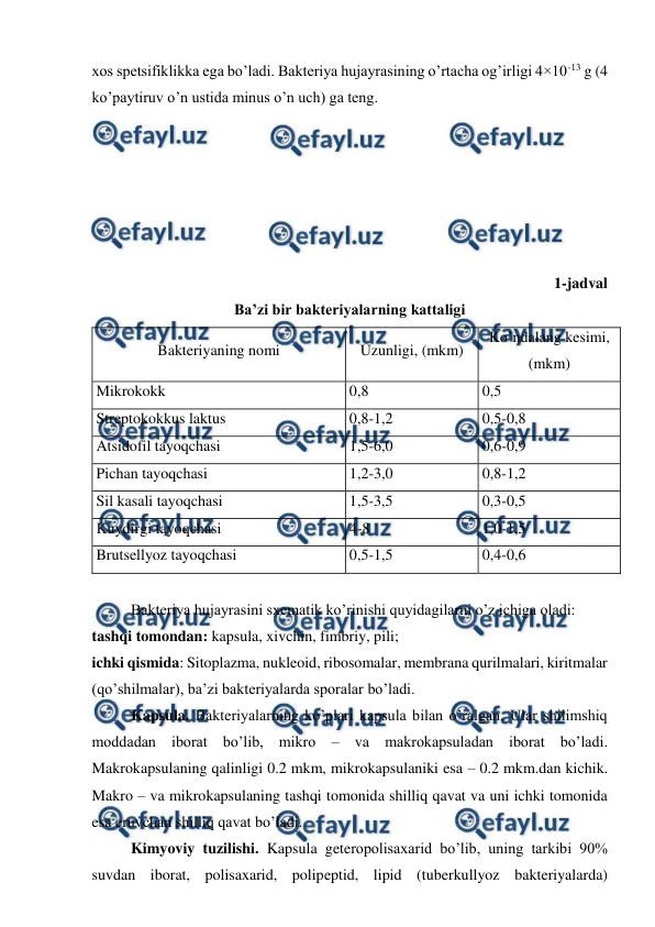  
 
xos spetsifiklikka ega bo’ladi. Bakteriya hujayrasining o’rtacha og’irligi 4×10-13 g (4 
ko’paytiruv o’n ustida minus o’n uch) ga teng. 
 
 
 
 
 
 
1-jadval 
Ba’zi bir bakteriyalarning kattaligi 
Bakteriyaning nomi 
Uzunligi, (mkm) 
Ko’ndalang kesimi, 
(mkm) 
Mikrokokk 
0,8 
0,5 
Streptokokkus laktus  
0,8-1,2 
0,5-0,8 
Atsidofil tayoqchasi 
1,5-6,0 
0,6-0,9 
Pichan tayoqchasi 
1,2-3,0 
0,8-1,2 
Sil kasali tayoqchasi 
1,5-3,5 
0,3-0,5 
Kuydirgi tayoqchasi 
4-8 
1,0-1,5 
Brutsellyoz tayoqchasi 
0,5-1,5 
0,4-0,6 
 
Bakteriya hujayrasini sxematik ko’rinishi quyidagilarni o’z ichiga oladi:  
tashqi tomondan: kapsula, xivchin, fimbriy, pili;  
ichki qismida: Sitoplazma, nukleoid, ribosomalar, membrana qurilmalari, kiritmalar 
(qo’shilmalar), ba’zi bakteriyalarda sporalar bo’ladi. 
Kapsula. Bakteriyalarning ko’plari kapsula bilan o’ralgan. Ular shilimshiq 
moddadan iborat bo’lib, mikro – va makrokapsuladan iborat bo’ladi. 
Makrokapsulaning qalinligi 0.2 mkm, mikrokapsulaniki esa – 0.2 mkm.dan kichik. 
Makro – va mikrokapsulaning tashqi tomonida shilliq qavat va uni ichki tomonida 
esa eruvchan shilliq qavat bo’ladi.  
Kimyoviy tuzilishi. Kapsula geteropolisaxarid bo’lib, uning tarkibi 90% 
suvdan iborat, polisaxarid, polipeptid, lipid (tuberkullyoz bakteriyalarda) 
