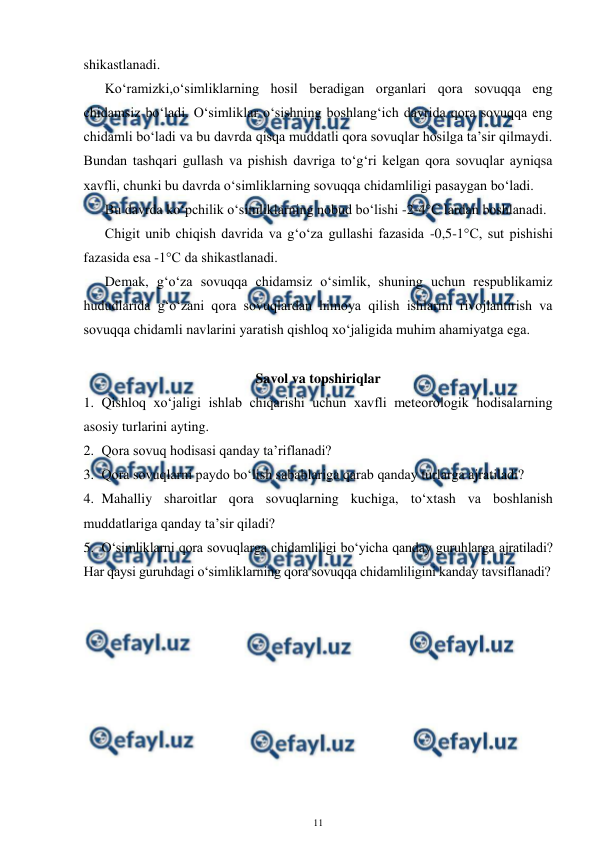  
11 
 
shikastlanadi. 
Ko‘ramizki,o‘simliklarning hosil beradigan organlari qora sovuqqa eng 
chidamsiz bo‘ladi. O‘simliklar o‘sishning boshlang‘ich davrida qora sovuqqa eng 
chidamli bo‘ladi va bu davrda qisqa muddatli qora sovuqlar hosilga ta’sir qilmaydi. 
Bundan tashqari gullash va pishish davriga to‘g‘ri kelgan qora sovuqlar ayniqsa 
xavfli, chunki bu davrda o‘simliklarning sovuqqa chidamliligi pasaygan bo‘ladi.  
Bu davrda ko‘pchilik o‘simliklarning nobud bo‘lishi -2-4°C lardan boshlanadi. 
Chigit unib chiqish davrida va g‘o‘za gullashi fazasida -0,5-1°C, sut pishishi 
fazasida esa -1°C da shikastlanadi. 
Demak, g‘o‘za sovuqqa chidamsiz o‘simlik, shuning uchun respublikamiz 
hududlarida g‘o‘zani qora sovuqlardan himoya qilish ishlarini rivojlantirish va 
sovuqqa chidamli navlarini yaratish qishloq xo‘jaligida muhim ahamiyatga ega. 
 
Savol va topshiriqlar 
1. Qishloq xo‘jaligi ishlab chiqarishi uchun xavfli meteorologik hodisalarning 
asosiy turlarini ayting. 
2. Qora sovuq hodisasi qanday ta’riflanadi? 
3. Qora sovuqlarni paydo bo‘lish sabablariga qarab qanday turlarga ajratiladi? 
4. Mahalliy sharoitlar qora sovuqlarning kuchiga, to‘xtash va boshlanish 
muddatlariga qanday ta’sir qiladi? 
5. O‘simliklarni qora sovuqlarga chidamliligi bo‘yicha qanday guruhlarga ajratiladi? 
Har qaysi guruhdagi o‘simliklarning qora sovuqqa chidamliligini kanday tavsiflanadi? 
 
