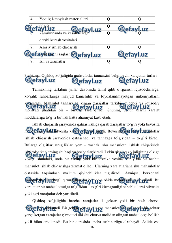  
16 
 
4. 
Yoqilg`i-moylash materiallari 
Q 
Q 
5. 
O`g`it 
Q 
- 
6. 
Zararkunanda va kasalliklarga 
qarshi kurash vositalari 
Q 
Q 
7. 
Asosiy ishlab chiqarish 
vositalarini saqlash 
Q 
Q 
8. 
Ish va xizmatlar 
Q 
Q 
 
3-chizma. Qishloq xo`jaligida mahsulotlar tannarxini belgilovchi xarajatlar turlari 
 
Tannaxning tarkibini yillar davomida tahlil qilib o`rganish iqtisodchilarga, 
xo`jalik rahbarlariga mavjud kamchilik va foydalanilmayotgan imkoniyatlarni 
ko`rsatadi. Mahsulot tannarxiga kirgan xarajatlar tarkibi, miqdori va iqtisodiy 
mohiyati jihatidan bir – biridan farq qiladi. Shuning uchun ularni xarajat 
moddalariga to`g`ri bo`lish katta ahamiyat kasb etadi. 
Ishlab chiqarish jarayonida qatnashishiga qarab xarajatlar to`g`ri yoki bevosita 
hamda egri yoki bilvosita xarajatlarga bo`linadi. Bevosita xarajatlar mahsulotlar 
ishlab chiqarish jarayonida qatnashadi va tannaxga to`g`ridan – to`g`ri kiradi. 
Bularga o`g`itlar, urug`liklar, yem – xashak, shu mahsulotni ishlab chiqarishda 
ishtirok etkanlarning shi haqi va boshqalar kiradi. Lekin qishloq xo`jaligining o`ziga 
xosligi shundaki, unda bir xodim yoki bir texnika vositasi bir yilda bir nechta 
mahsulot ishlab chiqarishga xizmat qiladi. Ularning xarajatlariana shu mahsulotlar 
o`rtasida taqsimlash ma`lum qiyinchiliklar tug`diradi. Ayniqsa, korxonani 
boshqarish bilan bog`liq xarajatlar bu borada alohida metodikani talab qiladi. Bu 
xarajatlar bir mahsulotturiga to`g`ridan – to`g`ri kirmaganligi sababli ularni bilvosita 
yoki egri xarajatlar deb yuritiladi. 
Qishloq xo`jaligida barcha xarajatlar 1 gektar yoki bir bosh chorva 
hayvonigahisoblanadi. Bir gektar yerdan olingan mahsulot miqtoriga shu bir gektar 
yerga ketgan xarajatlar g`miqtori uni shu chorva molidan olingan mahsulotga bo`lish 
yo`li bilan aniqlanadi. Bu bir qarashda ancha tushinarliga o`xshaydi. Aslida esa 
