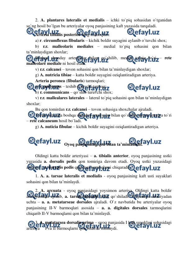  
 
2. A. plantares lateralis et medialis – ichki to`piq sohasidan o`tganidan 
so`ng hosil bo`lgan bu arteriyalar oyoq panjasining kaft yuzasida tarqaladi.  
Arteria tibialis posterior ning tramoqlari: 
a) r. circumflexus fibularis – kichik boldir suyagini aylanib o`tuvchi shox;  
b) r.r. malleolaris mediales – medial to`piq sohasini qon bilan 
ta’minlaydigan shoxlar;  
Boshqa shunday arteriyalar bilan qo`shilib, medial to`piq to`ri – rete 
malleolare mediale ni hosil etadi. 
v) r.r. calcanei – tovon sohasini qon bilan ta’minlaydigan shoxlar; 
g) A. nutricia tibiae – katta boldir suyagini oziqlantiradigan arteriya. 
Arteria peronea (fibularis) tarmoqlari;  
a) r. perforans – teshib o`tuvchi tarmoq; 
b) r. communicans – qo`shib turuvchi shox; 
v) r.r. mallealares laterales – lateral to`piq sohasini qon bilan ta’minlaydigan 
shoxlar;  
Bu qon tomirdan r.r. calcanei – tovon sohasiga shoxchalar ajraladi. 
Tovon sohasida boshqa shunday arteriyalar bilan qo`shilib, tovon arteriya to`ri 
– rete calcaneum hosil bo`ladi. 
g) A. nuticia fibulae – kichik boldir suyagini oziqlantiradigan arteriya. 
 
Oyoq panjasining qon bilan ta’minlanishi. 
 
Oldingi katta boldir arteriyasi – a. tibialis anterior, oyoq panjasining ustki 
yuzasida a. dorsalis pedis qon tomiriga davom etadi. Oyoq ustki yuzasidagi 
arteriya – a. dorsalis pedis quyidagi tarmoqlarni chiqaradi:  
1. A. a. tarsae lateralis et medialis - oyoq panjasining kaft usti suyaklari 
sohasini qon bilan ta’minlaydi.  
2. A. arcuata - oyoq panjasidagi yoysimon arteriya. Oldingi katta boldir 
arteriyasidan ajralib, a. tarsae lateralis bilan qo`shiladi. YOysimon arteriyadan 
uchta – a. a. metatarseae dorsales ajraladi. O`z navbatida bu arteriyalar oyoq 
panjasining II-V barmoqlari asosida – a. a. digitales dorsales tarmoqlarini 
chiqarib II-V barmoqlarni qon bilan ta’minlaydi.  
3. A. metatarsea dorsalis prima – oyoq panjasida I kaft suyaklari sohasidagi 
arteriya     I va II barmoqlarni qon bilan ta’minlaydi.  
