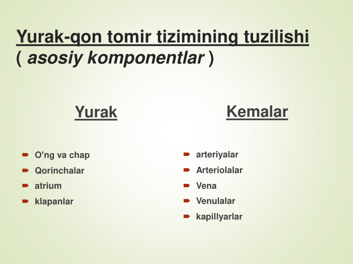 Yurak-qon tomir tizimining tuzilishi
( asosiy komponentlar )
Yurak
O'ng va chap
Qorinchalar
atrium
klapanlar
Kemalar
arteriyalar
Arteriolalar
Vena
Venulalar
kapillyarlar
