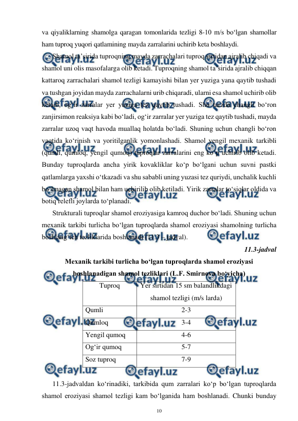  
10 
 
va qiyaliklarning shamolga qaragan tomonlarida tezligi 8-10 m/s bo‘lgan shamollar 
ham tuproq yuqori qatlamining mayda zarralarini uchirib keta boshlaydi. 
Shamol ta’sirida tuproqning mayda zarrachalari tuproq sirtidan ajralib chiqadi va 
shamol uni olis masofalarga olib ketadi. Tuproqning shamol ta’sirida ajralib chiqqan 
kattaroq zarrachalari shamol tezligi kamayishi bilan yer yuziga yana qaytib tushadi 
va tushgan joyidan mayda zarrachalarni urib chiqaradi, ularni esa shamol uchirib olib 
ketadi, og‘ir zarralar yer yuziga tez qaytib tushadi. Shu tarzda changli bo‘ron 
zanjirsimon reaksiya kabi bo‘ladi, og‘ir zarralar yer yuziga tez qaytib tushadi, mayda 
zarralar uzoq vaqt havoda muallaq holatda bo‘ladi. Shuning uchun changli bo‘ron 
vaqtida ko‘rinish va yoritilganlik yomonlashadi. Shamol yengil mexanik tarkibli 
(qumli, qumloq, yengil qumoq) tuproqlar zarralarini eng ko‘p uchirib olib ketadi. 
Bunday tuproqlarda ancha yirik kovakliklar ko‘p bo‘lgani uchun suvni pastki 
qatlamlarga yaxshi o‘tkazadi va shu sababli uning yuzasi tez quriydi, unchalik kuchli 
bo‘lmagan shamol bilan ham uchirilib olib ketiladi. Yirik zarralar to‘siqlar oldida va 
botiq relefli joylarda to‘planadi. 
Strukturali tuproqlar shamol eroziyasiga kamroq duchor bo‘ladi. Shuning uchun 
mexanik tarkibi turlicha bo‘lgan tuproqlarda shamol eroziyasi shamolning turlicha 
boshlang‘ich tezliklarida boshlanadi (11.3 – jadval). 
11.3-jadval 
Mexanik tarkibi turlicha bo‘lgan tuproqlarda shamol eroziyasi  
boshlanadigan shamol tezliklari (L.F. Smirnova bo‘yicha) 
Tuproq 
Yer sirtidan 15 sm balandlikdagi  
shamol tezligi (m/s larda) 
Qumli 
2-3 
Qumloq 
3-4 
Yengil qumoq 
4-6 
Og‘ir qumoq 
5-7 
Soz tuproq 
7-9 
 
11.3-jadvaldan ko‘rinadiki, tarkibida qum zarralari ko‘p bo‘lgan tuproqlarda 
shamol eroziyasi shamol tezligi kam bo‘lganida ham boshlanadi. Chunki bunday 
