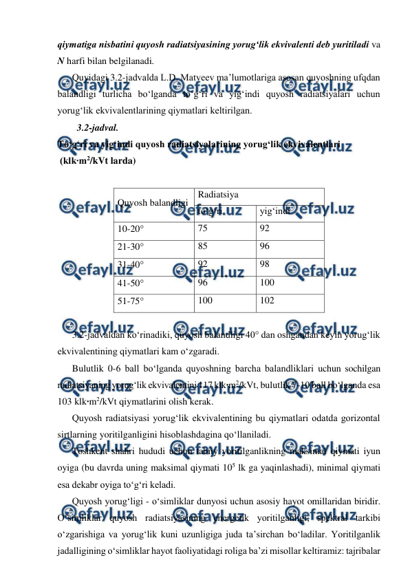  
 
qiymatiga nisbatini quyosh radiatsiyasining yorug‘lik ekvivalenti deb yuritiladi va 
N harfi bilan belgilanadi. 
Quyidagi 3.2-jadvalda L.D. Matveev ma’lumotlariga asosan quyoshning ufqdan 
balandligi turlicha bo‘lganda to‘g‘ri va yig‘indi quyosh radiatsiyalari uchun 
yorug‘lik ekvivalentlarining qiymatlari keltirilgan. 
3.2-jadval. 
To‘g‘ri va yig‘indi quyosh radiatsiyalarining yorug‘lik ekvivalentlari 
 (klk∙m2/kVt larda) 
 
Quyosh balandligi 
Radiatsiya 
to‘g‘ri 
yig‘indi 
10-20 
75 
92 
21-30 
85 
96 
31-40 
92 
98 
41-50 
96 
100 
51-75 
100 
102 
 
3.2-jadvaldan ko‘rinadiki, quyosh balandligi 40° dan oshgandan keyin yorug‘lik 
ekvivalentining qiymatlari kam o‘zgaradi. 
Bulutlik 0-6 ball bo‘lganda quyoshning barcha balandliklari uchun sochilgan 
radiatsiyaning yorug‘lik ekvivalentini 117 klk∙m2/kVt, bulutlik 7-10 ball bo‘lganda esa 
103 klk∙m2/kVt qiymatlarini olish kerak. 
Quyosh radiatsiyasi yorug‘lik ekvivalentining bu qiymatlari odatda gorizontal 
sirtlarning yoritilganligini hisoblashdagina qo‘llaniladi. 
Toshkent shahri hududi uchun tabiiy yoritilganlikning maksimal qiymati iyun 
oyiga (bu davrda uning maksimal qiymati 105 lk ga yaqinlashadi), minimal qiymati 
esa dekabr oyiga to‘g‘ri keladi. 
Quyosh yorug‘ligi - o‘simliklar dunyosi uchun asosiy hayot omillaridan biridir. 
O‘simliklar quyosh radiatsiyasining energetik yoritilganligi, spektral tarkibi 
o‘zgarishiga va yorug‘lik kuni uzunligiga juda ta’sirchan bo‘ladilar. Yoritilganlik 
jadalligining o‘simliklar hayot faoliyatidagi roliga ba’zi misollar keltiramiz: tajribalar 
