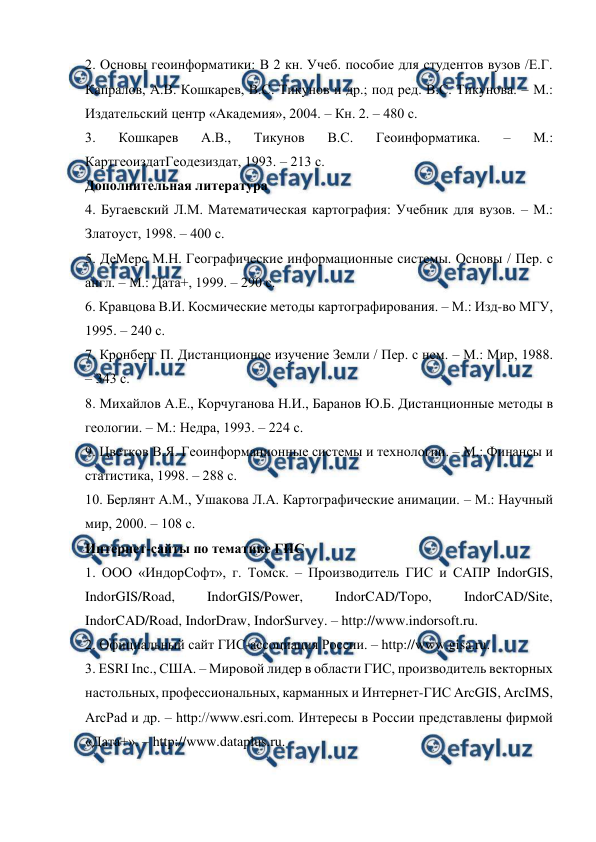  
 
2. Основы геоинформатики: В 2 кн. Учеб. пособие для студентов вузов /Е.Г. 
Капралов, А.В. Кошкарев, В.С. Тикунов и др.; под ред. В.С. Тикунова. – М.: 
Издательский центр «Академия», 2004. – Кн. 2. – 480 с. 
3. 
Кошкарев 
А.В., 
Тикунов 
В.С. 
Геоинформатика. 
– 
М.: 
КартгеоиздатГеодезиздат, 1993. – 213 с. 
Дополнительная литература 
4. Бугаевский Л.М. Математическая картография: Учебник для вузов. – М.: 
Златоуст, 1998. – 400 с. 
5. ДеМерс М.Н. Географические информационные системы. Основы / Пер. с 
англ. – М.: Дата+, 1999. – 290 с. 
6. Кравцова В.И. Космические методы картографирования. – М.: Изд-во МГУ, 
1995. – 240 с. 
7. Кронберг П. Дистанционное изучение Земли / Пер. с нем. – М.: Мир, 1988. 
– 343 с. 
8. Михайлов А.Е., Корчуганова Н.И., Баранов Ю.Б. Дистанционные методы в 
геологии. – М.: Недра, 1993. – 224 с. 
9. Цветков В.Я. Геоинформационные системы и технологии. – М.: Финансы и 
статистика, 1998. – 288 с. 
10. Берлянт А.М., Ушакова Л.А. Картографические анимации. – М.: Научный 
мир, 2000. – 108 с. 
Интернет-сайты по тематике ГИС 
1. ООО «ИндорСофт», г. Томск. – Производитель ГИС и САПР IndorGIS, 
IndorGIS/Road, 
IndorGIS/Power, 
IndorCAD/Topo, 
IndorCAD/Site, 
IndorCAD/Road, IndorDraw, IndorSurvey. – http://www.indorsoft.ru. 
2. Официальный сайт ГИС-ассоциация России. – http://www.gisa.ru. 
3. ESRI Inc., США. – Мировой лидер в области ГИС, производитель векторных 
настольных, профессиональных, карманных и Интернет-ГИС ArcGIS, ArcIMS, 
ArcPad и др. – http://www.esri.com. Интересы в России представлены фирмой 
«Дата+». – http://www.dataplus.ru. 
