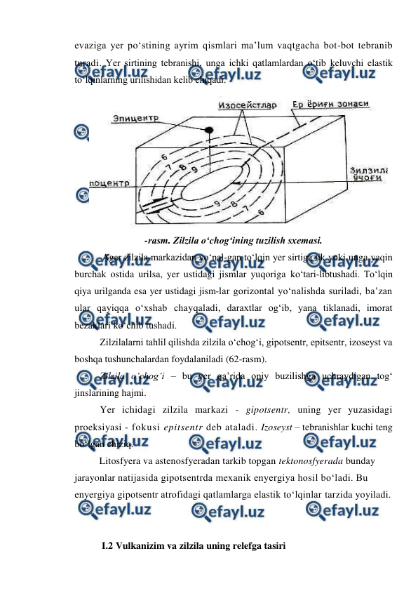  
 
evaziga yer po‘stining ayrim qismlari ma’lum vaqtgacha bot-bot tebranib 
turadi. Yer sirtining tebranishi, unga ichki qatlamlardan o‘tib keluvchi elastik 
to‘lqinlarning urilishidan kelib chiqadi. 
 Agar zilzila markazidan yo‘nal-gan to‘lqin yer sirtiga tik yoki unga yaqin 
burchak ostida urilsa, yer ustidagi jismlar yuqoriga ko‘tari-libtushadi. To‘lqin 
qiya urilganda esa yer ustidagi jism-lar gorizontal yo‘nalishda suriladi, ba’zan 
ular qayiqqa o‘xshab chayqaladi, daraxtlar og‘ib, yana tiklanadi, imorat 
bezaklari ko‘chib tushadi. 
Zilzilalarni tahlil qilishda zilzila o‘chog‘i, gipotsentr, epitsentr, izoseyst va 
boshqa tushunchalardan foydalaniladi (62-rasm). 
Zilzila o‘chog‘i – bu yer qa’rida oniy buzilishga uchraydigan tog‘ 
jinslarining hajmi. 
Yer ichidagi zilzila markazi - gipotsentr, uning yer yuzasidagi 
proeksiyasi - fokusi epitsentr deb ataladi. Izoseyst – tebranishlar kuchi teng 
bo‘lgan chiziq. 
Litosfyera va astenosfyeradan tarkib topgan tektonosfyerada bunday 
jarayonlar natijasida gipotsentrda mexanik enyergiya hosil bo‘ladi. Bu 
enyergiya gipotsentr atrofidagi qatlamlarga elastik to‘lqinlar tarzida yoyiladi. 
 
 
 I.2 Vulkanizim va zilzila uning relefga tasiri 
 
-rasm. Zilzila o‘chog‘ining tuzilish sxemasi. 

