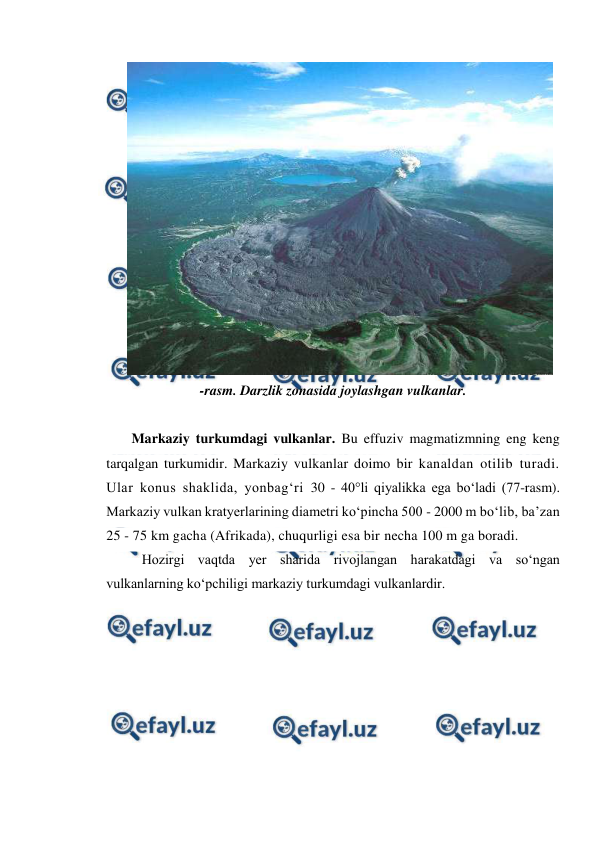  
 
 
Markaziy turkumdagi vulkanlar. Bu effuziv magmatizmning eng keng 
tarqalgan turkumidir. Markaziy vulkanlar doimo bir kanaldan otilib turadi. 
Ular konus shaklida, yonbag‘ri 30 - 40°li qiyalikka ega bo‘ladi (77-rasm). 
Markaziy vulkan kratyerlarining diametri ko‘pincha 500 - 2000 m bo‘lib, ba’zan 
25 - 75 km gacha (Afrikada), chuqurligi esa bir necha 100 m ga boradi. 
Hozirgi vaqtda yer sharida rivojlangan harakatdagi va so‘ngan 
vulkanlarning ko‘pchiligi markaziy turkumdagi vulkanlardir. 
 
 
 
 
 
 
 
 
 
-rasm. Darzlik zonasida joylashgan vulkanlar. 

