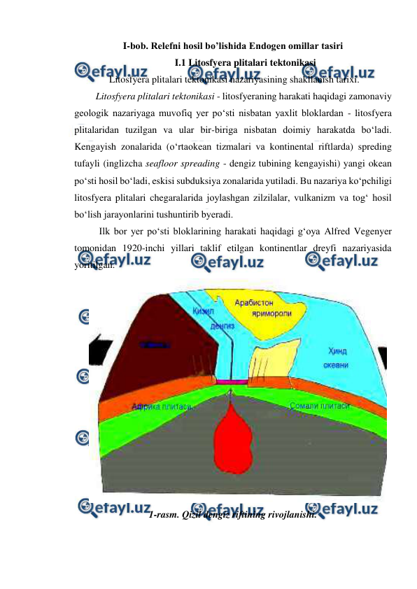  
 
I-bob. Relefni hosil bo’lishida Endogen omillar tasiri 
I.1 Litosfyera plitalari tektonikasi 
 Litosfyera plitalari tektonikasi nazariyasining shakllanish tarixi. 
Litosfyera plitalari tektonikasi - litosfyeraning harakati haqidagi zamonaviy 
geologik nazariyaga muvofiq yer po‘sti nisbatan yaxlit bloklardan - litosfyera 
plitalaridan tuzilgan va ular bir-biriga nisbatan doimiy harakatda bo‘ladi. 
Kengayish zonalarida (o‘rtaokean tizmalari va kontinental riftlarda) spreding 
tufayli (inglizcha seafloor spreading - dengiz tubining kengayishi) yangi okean 
po‘sti hosil bo‘ladi, eskisi subduksiya zonalarida yutiladi. Bu nazariya ko‘pchiligi 
litosfyera plitalari chegaralarida joylashgan zilzilalar, vulkanizm va tog‘ hosil 
bo‘lish jarayonlarini tushuntirib byeradi. 
Ilk bor yer po‘sti bloklarining harakati haqidagi g‘oya Alfred Vegenyer 
tomonidan 1920-inchi yillari taklif etilgan kontinentlar dreyfi nazariyasida 
yoritilgan.  
 
1-rasm. Qizil dengiz riftining rivojlanishi. 
