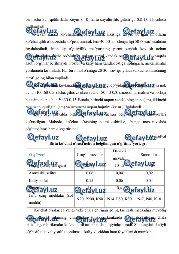  
 
bir necha kun qoldiriladi. Keyin 8-10 marta suyultirilib, gektariga 0,8-1,0 t hisobida 
qo’llaniladi. 
Mevali daraxt ko’chatlarini oziqlantirish. Ekishga tayyor bo’lgan nihollarni 
ko’chat qilib o’tkazishda ko’proq xandak (eni 40-50 sm, chuqurligi 50-60 sm) usulidan 
foydalaniladi. Mahalliy o’g’ityillik me’yorining yarmi xandak kovlash uchun 
rejalashtirilgan chiziq bo’ylab va qolgan yarmi xandak ostiga tashlanadi. Bu vaqtda 
azotli o’g’itlar berilmaydi. Fosfor va kaliy ham xandak ostiga  solingach, mexanizmlar 
yordamida ko’miladi. Har bir nihol o’rasiga 20-30 l suv qo’yiladi va kuchat tanasining 
atrofi go’ng bilan yopiladi. 
Ko’chat uchun kovlanadigan o’raning kattaligi qo’yidagicha bo’ladi: olma va nok 
uchun 100-60-0,5; olcha, gilos va olxuri uchun 80-40-0,3; smorodina, malina va boshqa 
butasimonlar uchun 50-30-0,15. Bunda, birinchi raqam xandakning enini (sm), ikkinchi 
raqam chuqurligini (sm) va uchunchi raqam hajmini (kv.m.) Ifodalaydi. 
Qo’yidagi jadvalda bitta ko’chat o’rasi uchun belgilangan o’g’itme’yorlari 
ko’rsatilgan. Mabodo, ko’chat o’rasining hajmi oshirilsa, shunga mos ravishda 
o’g’itme’yori ham o’zgartiriladi. 
103 - jadval 
Bitta ko’chat o’rasi uchun belgilangan o’g’itme’yori, gr. 
O’g’itturi 
Urug’li mevalar 
Danakli 
mevalar 
Smorodina 
Go’ng (to’liq chirigan) 
20-30 
10-15 
8-10 
Ammiakli selitra 
0,06 
0,04 
0,02 
Kaliy sulfat 
0,15 
0,06 
0,04 
Superfosfat 
1,0 
0,4 
0,2 
Jami oziq moddalar (sof 
modda) 
N20, P200, K60 N14, P80, K30 
N-7, P40, K18 
Ko’chat o’ralariga yangi yoki chala chirigan go’ng tashlash maqsadga muvofiq 
emas, chunki ularning chirishidan tuproqqatlamlarida hosil bo’ladigan chala 
oksidlangan birikmalar ko’chatlarni tutib ketishini qiyinlashtiradi. Shuningdek, kaliyli 
o’g’itsifatida kaliy sulfat topilmasa, kaliy xloriddan ham foydalanish mumkin. 
