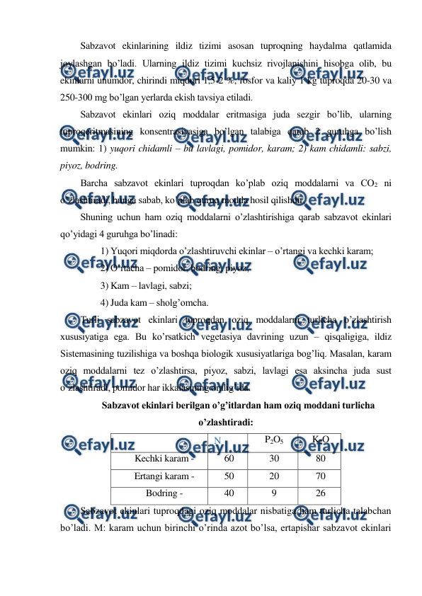  
 
Sabzavot ekinlarining ildiz tizimi asosan tuproqning haydalma qatlamida 
joylashgan bo’ladi. Ularning ildiz tizimi kuchsiz rivojlanishini hisobga olib, bu 
ekinlarni unumdor, chirindi miqdori 1,5-2 %, fosfor va kaliy 1 kg tuproqda 20-30 va 
250-300 mg bo’lgan yerlarda ekish tavsiya etiladi. 
Sabzavot ekinlari oziq moddalar eritmasiga juda sezgir bo’lib, ularning 
tuproqeritmasining konsentrasiyasiga bo’lgan talabiga qarab 2 guruhga bo’lish 
mumkin: 1) yuqori chidamli – bu lavlagi, pomidor, karam; 2) kam chidamli: sabzi, 
piyoz, bodring. 
Barcha sabzavot ekinlari tuproqdan ko’plab oziq moddalarni va CO2 ni 
o’zlashtiradi, bunga sabab, ko’plab quruq modda hosil qilishdir. 
Shuning uchun ham oziq moddalarni o’zlashtirishiga qarab sabzavot ekinlari 
qo’yidagi 4 guruhga bo’linadi: 
1) Yuqori miqdorda o’zlashtiruvchi ekinlar – o’rtangi va kechki karam; 
2) O’rtacha – pomidor, bodring, piyoz; 
3) Kam – lavlagi, sabzi; 
4) Juda kam – sholg’omcha. 
Turli sabzavot ekinlari tuproqdan oziq moddalarni turlicha o’zlashtirish 
xususiyatiga ega. Bu ko’rsatkich vegetasiya davrining uzun – qisqaligiga, ildiz 
Sistemasining tuzilishiga va boshqa biologik xususiyatlariga bog’liq. Masalan, karam 
oziq moddalarni tez o’zlashtirsa, piyoz, sabzi, lavlagi esa aksincha juda sust 
o’zlashtiradi, pomidor har ikkalasining oralig’ida. 
Sabzavot ekinlari berilgan o’g’itlardan ham oziq moddani turlicha 
o’zlashtiradi: 
 
N 
P2O5 
K2O 
Kechki karam - 
60 
30 
80 
Ertangi karam - 
50 
20 
70 
Bodring - 
40 
9 
26 
Sabzavot ekinlari tuproqdagi oziq moddalar nisbatiga ham turlicha talabchan 
bo’ladi. M: karam uchun birinchi o’rinda azot bo’lsa, ertapishar sabzavot ekinlari 
