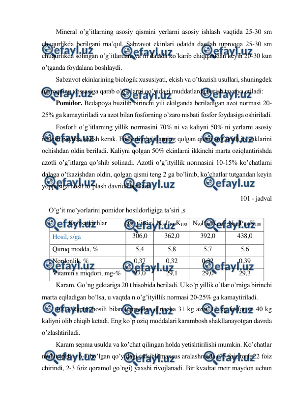  
 
Mineral o’g’itlarning asosiy qismini yerlarni asosiy ishlash vaqtida 25-30 sm 
chuqurlikda berilgani ma’qul. Sabzavot ekinlari odatda dastlab tuproqqa 25-30 sm 
chuqurlikda solingan o’g’itlardan, ya’ni dalada ko’karib chiqqanidan keyin 20-30 kun 
o’tganda foydalana boshlaydi. 
Sabzavot ekinlarining biologik xususiyati, ekish va o’tkazish usullari, shuningdek 
tuproqning xossasiga qarab o’g’itlarni qo’yidagi muddatlarda berish tavsiya etiladi: 
Pomidor. Bedapoya buzilib birinchi yili ekilganda beriladigan azot normasi 20-
25% ga kamaytiriladi va azot bilan fosforning o’zaro nisbati fosfor foydasiga oshiriladi. 
Fosforli o’g’itlarning yillik normasini 70% ni va kaliyni 50% ni yerlarni asosiy 
ishlash paytida solish kerak. Fosforli o’g’itlarning qolgan qismi sug’orish jo’yaklarini 
ochishdan oldin beriladi. Kaliyni qolgan 50% ekinlarni ikkinchi marta oziqlantirishda 
azotli o’g’itlarga qo’shib solinadi. Azotli o’g’ityillik normasini 10-15% ko’chatlarni 
dalaga o’tkazishdan oldin, qolgan qismi teng 2 ga bo’linib, ko’chatlar tutgandan keyin 
yoppasiga hosil to’plash davrida beriladi. 
101 - jadval 
O’g’it me’yorlarini pomidor hosildorligiga ta’siri ,s 
Ko’rsatkichlar 
O’g’itsiz N60P100K100 N90P100K100 N120P100K100 
Hosil, s/ga 
306,0 
362,0 
392,0 
438,0 
Quruq modda, % 
5,4 
5,8 
5,7 
5,6 
Nordonlik, % 
0,37 
0,32 
0,32 
0,39 
Vitamin s miqdori, mg-% 
27,0 
29,1 
29,0 
29,3 
Karam. Go’ng gektariga 20 t hisobida beriladi. U ko’p yillik o’tlar o’rniga birinchi 
marta eqiladigan bo’lsa, u vaqtda n o’g’ityillik normasi 20-25% ga kamaytiriladi. 
100 s karam hosili bilan tuproqdan o’rtacha 31 kg azot, 12 kg fosfor va 40 kg 
kaliyni olib chiqib ketadi. Eng ko’p oziq moddalari karambosh shakllanayotgan davrda 
o’zlashtiriladi. 
Karam sepma usulda va ko’chat qilingan holda yetishtirilishi mumkin. Ko’chatlar 
muhit (pH) – 6-7 bo’lgan qo’yidagi tarkibli maxsus aralashmada (75 foiz torf, 22 foiz 
chirindi, 2-3 foiz qoramol go’ngi) yaxshi rivojlanadi. Bir kvadrat metr maydon uchun 
