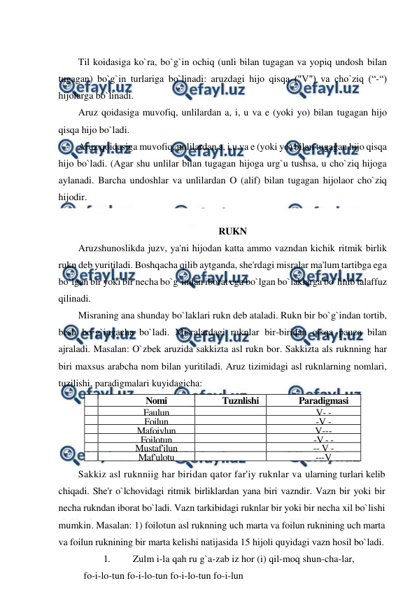  
 
 
Til koidasiga ko`ra, bo`g`in ochiq (unli bilan tugagan va yopiq undosh bilan 
tugagan) bo`g`in turlariga bo`linadi: aruzdagi hijo qisqa ("V") va cho`ziq (“-“) 
hijolarga bo`linadi. 
Aruz qoidasiga muvofiq, unlilardan a, i, u va e (yoki yo) bilan tugagan hijo 
qisqa hijo bo`ladi. 
Aruz qoidasiga muvofiq, unlilardan a, i,u va e (yoki yo) bilan tugagan hijo qisqa 
hijo bo`ladi. (Agar shu unlilar bilan tugagan hijoga urg`u tushsa, u cho`ziq hijoga 
aylanadi. Barcha undoshlar va unlilardan O (alif) bilan tugagan hijolaor cho`ziq 
hijodir. 
 
RUKN 
Aruzshunoslikda juzv, ya'ni hijodan katta ammo vazndan kichik ritmik birlik 
rukn deb yuritiladi. Boshqacha qilib aytganda, she'rdagi misralar ma'lum tartibga ega 
bo`lgan bir yoki bir necha bo`g`indan iborat ega bo`lgan bo`laklarga bo`linib talaffuz 
qilinadi. 
Misraning ana shunday bo`laklari rukn deb ataladi. Rukn bir bo`g`indan tortib, 
besh bo`g`ingacha bo`ladi. Misralardagi ruknlar bir-biridan qisqa pauza bilan 
ajraladi. Masalan: O`zbek aruzida sakkizta asl rukn bor. Sakkizta als ruknning har 
biri maxsus arabcha nom bilan yuritiladi. Aruz tizimidagi asl ruknlarning nomlari, 
tuzilishi, paradigmalari kuyidagicha: 
№ 
 
Nomi 
 
Tuznlishi 
 
Paradigmasi 
 
1 
 
Faulun 
 
 
 
V- - 
 
2 
 
Foilun 
 
 
 
-V - 
 
3 
 
Mafoiylun 
 
 
 
V--- 
 
4 
 
Foilotun 
 
 
 
-V - - 
 
5 
 
Mustaf'ilun 
 
 
 
-- V - 
 
6 
 
Maf'ulotu 
 
 
 
---V 
 
Sakkiz asl ruknniig har biridan qator far'iy ruknlar va ularning turlari kelib 
chiqadi. She'r o`lchovidagi ritmik birliklardan yana biri vazndir. Vazn bir yoki bir 
necha rukndan iborat bo`ladi. Vazn tarkibidagi ruknlar bir yoki bir necha xil bo`lishi 
mumkin. Masalan: 1) foilotun asl ruknning uch marta va foilun ruknining uch marta 
va foilun ruknining bir marta kelishi natijasida 15 hijoli quyidagi vazn hosil bo`ladi. 
1. 
Zulm i-la qah ru g`a-zab iz hor (i) qil-moq shun-cha-lar, 
fo-i-lo-tun fo-i-lo-tun fo-i-lo-tun fo-i-lun 
