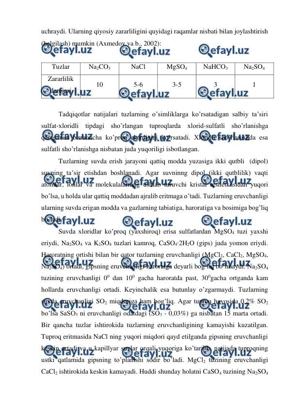  
 
uchraydi. Ularning qiyosiy zararliligini quyidagi raqamlar nisbati bilan joylashtirish 
(belgilash) mumkin (Axmedov va b., 2002): 
 
Tuzlar 
Na2CO3 
NaCl 
MgSO4 
NaHCO3 
Na2SO4 
Zararlilik 
darajasi 
10 
5-6 
3-5 
3 
1 
 
Tadqiqotlar natijalari tuzlarning o’simliklarga ko’rsatadigan salbiy ta’siri 
sulfat-xloridli tipdagi sho’rlangan tuproqlarda xlorid-sulfatli sho’rlanishga 
qaraganda birmuncha ko’proq ekanligini ko’rsatadi. Xloridli sho’rlanishda esa 
sulfatli sho’rlanishga nisbatan juda yuqoriligi isbotlangan.  
Tuzlarning suvda erish jarayoni qattiq modda yuzasiga ikki qutbli  (dipol) 
suvning ta’sir etishdan boshlanadi. Agar suvninng dipol (ikki qutblilik) vaqti 
atomlar, ionlar va molekulalarning ushlab turuvchi kristal reshetkasidan yuqori 
bo’lsa, u holda ular qattiq moddadan ajralib eritmaga o’tadi. Tuzlarning eruvchanligi 
ularning suvda erigan modda va gazlarning tabiatiga, haroratiga va bosimiga bog’liq 
bo’ladi.  
Suvda xloridlar ko’proq (yaxshiroq) erisa sulfatlardan MgSO4 tuzi yaxshi 
eriydi, Na2SO4 va K2SO4 tuzlari kamroq, CaSO4∙2H2O (gips) juda yomon eriydi. 
Haroratning ortishi bilan bir qator tuzlarning eruvchanligi (MgCl2, CaCl2, MgSO4, 
Na2SO4) ortadi, gipsning eruvchanligi haroratga deyarli bog’liq bo’lmaydi. Na2SO4 
tuzining eruvchanligi 00 dan 100 gacha haroratda past, 300gacha ortganda kam 
hollarda eruvchanligi ortadi. Keyinchalik esa butunlay o’zgarmaydi. Tuzlarning 
suvda eruvchanligi SO2 miqdoriga ham bog’liq. Agar tuproq havosida 0,2% SO2 
bo’lsa SaSO3 ni eruvchanligi odatdagi (SO3 - 0,03%) ga nisbatan 15 marta ortadi. 
Bir qancha tuzlar ishtirokida tuzlarning eruvchanligining kamayishi kuzatilgan. 
Tuproq eritmasida NaCl ning yuqori miqdori qayd etilganda gipsning eruvchanligi 
keskin ortadi va u kapillyar suvlar orqali yuqoriga ko’tarilib, natijada tuproqning 
ustki qatlamida gipsning to’planishi sodir bo’ladi. MgCl2 tuzining eruvchanligi 
CaCl2 ishtirokida keskin kamayadi. Huddi shunday holatni CaSO4 tuzining Na2SO4 
