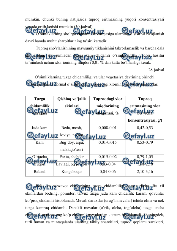  
 
mumkin, chunki buning natijasida tuproq eritmasining yuqori konsentrasiyasi 
yanada ortib ketishi mumkin (30-jadval).  
O’simliklarning sho’rga chidamlilik darajasiga ularning o’sish va rivojlanish 
davri hamda muhit sharoitlarining ta’siri kattadir.  
Tuproq sho’rlanishining mavsumiy tiklanishini takrorlamaslik va barcha dala 
ekinlaridan, shu jumladan tuzga kam chidamli o’simliklardan yuqori hosilni 
ta’minlash uchun xlor ionining miqdori 0,01 % dan katta bo’lmasligi kerak.  
28-jadval 
O’simliklarning tuzga chidamliligi va ular vegetasiya davrining birinchi 
bosqichlarida normal o’sishi uchun tuproqdagi xlorning me’yoriy miqdorlari 
 
Tuzga 
chidamlilik 
darajasi 
Qishloq xo’jalik 
ekinlari 
Tuproqdagi xlor 
miqdorining 
chegarasi, % 
Tuproq 
eritmasining xlor 
bo’yicha 
konsentrasiyasi, g/l 
Juda kam 
Beda, mosh, 
loviya, no’xat 
0,008-0,01 
0,42-0,53 
Kam 
Bug’doy, arpa, 
makkajo’xori 
0,01-0,015 
0,53-0,79 
O’rtacha 
Paxta, shabdar 
0,015-0,02 
0,79-1,05 
Yuqori 
Lavlagi, oq jo’xori 
0,03-0,04 
1,58-2,10 
Baland 
Kungaboqar 
0,04-0,06 
2,10-3,16 
 
Poliz va sabzavot ekinlarining tuzga chidamliligi ham turlicha. Bu xil 
ekinlardan bodring, pomidor, tarvuz tuzga juda kam chidamli; karam, qovunlar 
ko’proq chidamli hisoblanadi. Mevali daraxtlar (urug’li mevalar) ichida olma va nok 
tuzga kamroq chidamli. Danakli mevalar (o’rik, olcha, tog’olcha) tuzga ancha 
chidamli, ayniqsa eng ko’p chidamli mevalardan - uzum hisoblanadi. Shuningdek, 
turli tuman va mintaqalarda ularning tabiiy sharoitlari, tuproq qoplami xarakteri, 
