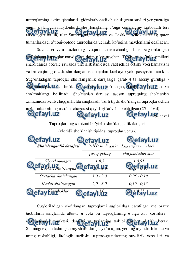  
 
tuproqlarning ayrim qismlarida gidrokarbonatli chuchuk grunt suvlari yer yuzasiga 
yaqin joylashgan maydonlarda sho’rlanishning o’ziga xos magniy karbonatli turi 
aniqlangan bo’lib, ular Samarqand, Farg’ona va Toshkent viloyatlarining qator 
tumanlaridagi o’tloqi-botqoq tuproqlarida uchrab, ko’pgina maydonlarni egallagan. 
Suvda eruvchi tuzlarning yuqori harakatchanligi bois sug’oriladigan 
sho’rlangan tuproqlar maydonlari doim o’zgaruvchan. Tabiiy va xo’jalik omillari 
sharoitlariga bog’liq ravishda ular nisbatan qisqa vaqt ichida ortishi yoki kamayishi 
va bir vaqtning o’zida sho’rlanganlik darajalari kuchayib yoki pasayishi mumkin. 
Sug’oriladigan tuproqlar sho’rlanganlik darajasiga qarab 4 ta asosiy guruhga - 
sho’rlanmagan, oz sho’rlangan, o’rtacha sho’rlangan, kuchli sho’rlangan va 
sho’rhoklarga bo’linadi. Sho’rlanish darajasi asosan tuproqning sho’rlanish 
ximizmidan kelib chiqqan holda aniqlanadi. Turli tipda sho’rlangan tuproqlar uchun 
tuzlar miqdorining maqbul chegarasi quyidagi jadvalda keltirilgan (25-jadval).  
25-jadval 
Tuproqlarning ximizmi bo’yicha sho’rlanganlik darajasi 
(xloridli sho’rlanish tipidagi tuproqlar uchun) 
 
Sho’rlanganlik darajasi 
0-100 sm li qatlamdagi tuzlar miqdori 
quruq qoldiq 
shu jumladan xlor 
Sho’rlanmagan 
< 0,3 
< 0,01 
Kuchsiz sho’rlangan 
0,3 - 1,0 
0,01 - 0,05 
O’rtacha sho’rlangan 
1,0 - 2,0 
0,05 - 0,10 
Kuchli sho’rlangan 
2,0 - 3,0 
0,10 - 0,15 
Sho’rhoklar 
> 3,0 
> 0,15 
 
 
Cug’oriladigan sho’rlangan tuproqlarni sug’orishga qaratilgan meliorativ 
tadbirlarni aniqlashda albatta u yoki bu tuproqlarning o’ziga xos xossalari - 
sho’rlanganlik xarakteri, darajasi va tuzlarning tarkibi hisobga olinishi kerak. 
Shuningdek, hududning tabiiy sharoitlariga, ya’ni iqlim, yerning joylashish holati va 
uning nishabligi, litologik tuzilishi, tuproq-gruntlarning suv-fizik xossalari va 
