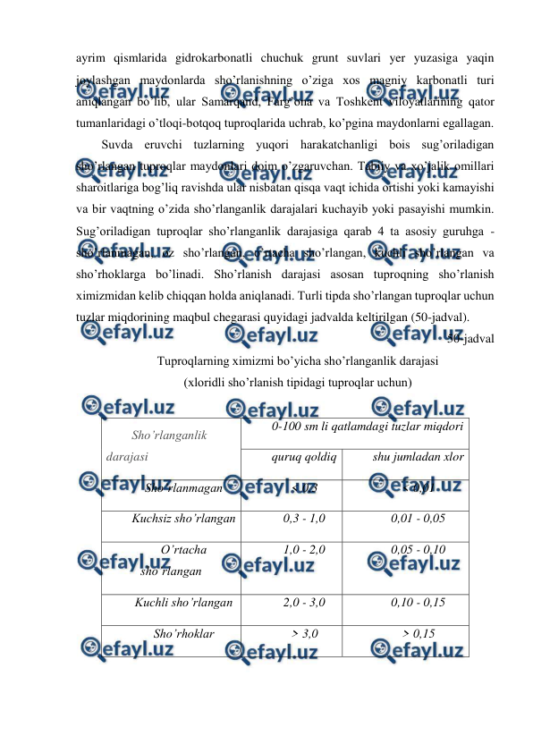  
 
ayrim qismlarida gidrokarbonatli chuchuk grunt suvlari yer yuzasiga yaqin 
joylashgan maydonlarda sho’rlanishning o’ziga xos magniy karbonatli turi 
aniqlangan bo’lib, ular Samarqand, Farg’ona va Toshkent viloyatlarining qator 
tumanlaridagi o’tloqi-botqoq tuproqlarida uchrab, ko’pgina maydonlarni egallagan. 
Suvda eruvchi tuzlarning yuqori harakatchanligi bois sug’oriladigan 
sho’rlangan tuproqlar maydonlari doim o’zgaruvchan. Tabiiy va xo’jalik omillari 
sharoitlariga bog’liq ravishda ular nisbatan qisqa vaqt ichida ortishi yoki kamayishi 
va bir vaqtning o’zida sho’rlanganlik darajalari kuchayib yoki pasayishi mumkin. 
Sug’oriladigan tuproqlar sho’rlanganlik darajasiga qarab 4 ta asosiy guruhga - 
sho’rlanmagan, oz sho’rlangan, o’rtacha sho’rlangan, kuchli sho’rlangan va 
sho’rhoklarga bo’linadi. Sho’rlanish darajasi asosan tuproqning sho’rlanish 
ximizmidan kelib chiqqan holda aniqlanadi. Turli tipda sho’rlangan tuproqlar uchun 
tuzlar miqdorining maqbul chegarasi quyidagi jadvalda keltirilgan (50-jadval).  
50-jadval 
Tuproqlarning ximizmi bo’yicha sho’rlanganlik darajasi 
(xloridli sho’rlanish tipidagi tuproqlar uchun) 
 
Sho’rlanganlik 
darajasi 
0-100 sm li qatlamdagi tuzlar miqdori 
quruq qoldiq 
shu jumladan xlor 
Sho’rlanmagan 
< 0,3 
< 0,01 
Kuchsiz sho’rlangan 
0,3 - 1,0 
0,01 - 0,05 
O’rtacha 
sho’rlangan 
1,0 - 2,0 
0,05 - 0,10 
Kuchli sho’rlangan 
2,0 - 3,0 
0,10 - 0,15 
Sho’rhoklar 
> 3,0 
> 0,15 
 
