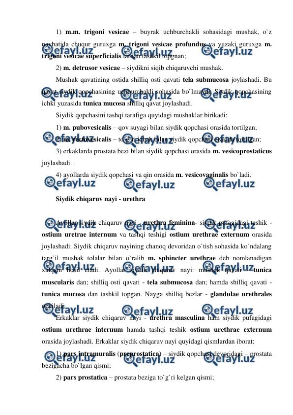  
 
1) m.m. trigoni vesicae – buyrak uchburchakli sohasidagi mushak, o`z 
navbatida chuqur guruxga m. trigoni vesicae profundus va yuzaki guruxga m. 
trigoni vesicae superficialis lardan tashkil topgnan;  
2) m. detrusor vesicae – siydikni siqib chiqaruvchi mushak.   
Mushak qavatining ostida shilliq osti qavati tela submucosa joylashadi. Bu 
qavat siydik qopchasining uchburchakli sohasida bo`lmaydi. Siydik qopchasining 
ichki yuzasida tunica mucosa shilliq qavat joylashadi.    
Siydik qopchasini tashqi tarafiga quyidagi mushaklar birikadi:  
1) m. pubovesicalis – qov suyagi bilan siydik qopchasi orasida tortilgan;  
2) m. rectovesicalis – to`g`ri ichak bilan siydik qopchasi orasida tortilgan;  
3) erkaklarda prostata bezi bilan siydik qopchasi orasida m. vesicoprostaticus 
joylashadi.  
4) ayollarda siydik qopchasi va qin orasida m. vesicovaginalis bo`ladi. 
 
Siydik chiqaruv nayi - urethra 
 
Ayollar siydik chiqaruv nayi - urethra feminina- siydik pufagidagi teshik - 
ostium uretrae internum va tashqi teshigi ostium urethrae externum orasida 
joylashadi. Siydik chiqaruv nayining chanoq devoridan o`tish sohasida ko`ndalang 
targ`il mushak tolalar bilan o`ralib m. sphincter urethrae deb nomlanadigan 
xalqani hosil etadi. Ayollar siydik chiqaruv nayi: mushak qavati - tunica 
muscularis dan; shilliq osti qavati - tela submucosa dan; hamda shilliq qavati - 
tunica mucosa dan tashkil topgan. Nayga shilliq bezlar - glandulae urethrales 
ochiladi.  
Erkaklar siydik chiqaruv nayi - urethra masculina ham siydik pufagidagi 
ostium urethrae internum hamda tashqi teshik ostium urethrae externum 
orasida joylashadi. Erkaklar siydik chiqaruv nayi quyidagi qismlardan iborat:  
1) pars intramuralis (preprostatica) – siydik qopchasi devoridagi – prostata 
bezigacha bo`lgan qismi;  
2) pars prostatica – prostata beziga to`g`ri kelgan qismi;  
