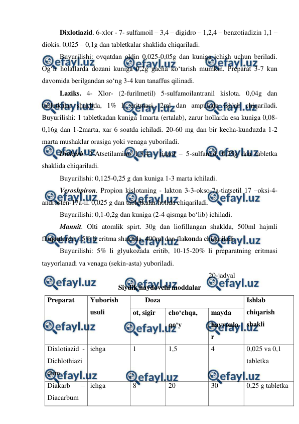  
 
 
Dixlotiazid. 6-xlor - 7- sulfamoil – 3,4 – digidro – 1,2,4 – benzotiadizin 1,1 – 
diokis. 0,025 – 0,1g dan tabletkalar shaklida chiqariladi.  
 
Buyurilishi: ovqatdan oldin 0,025-0,05g dan kuniga ichish uchun beriladi. 
Og‘ir holatlarda dozani kuniga 0,2g gacha ko‘tarish mumkin. Preparat 3-7 kun 
davomida berilgandan so‘ng 3-4 kun tanaffus qilinadi.  
 
Laziks. 4- Xlor- (2-furilmetil) 5-sulfamoilantranil kislota. 0,04g dan 
tabletkalar shaklida, 1% li eritmasi, 2ml dan ampulada ishlab chiqariladi. 
Buyurilishi: 1 tabletkadan kuniga 1marta (ertalab), zarur hollarda esa kuniga 0,08-
0,16g dan 1-2marta, xar 6 soatda ichiladi. 20-60 mg dan bir kecha-kunduzda 1-2 
marta mushaklar orasiga yoki venaga yuboriladi.  
 
Diakarb. 2-Atsetilamino 1,3,4 – tiazol – 5-sulfamid. 0,25g dan tabletka 
shaklida chiqariladi.  
 
Buyurilishi: 0,125-0,25 g dan kuniga 1-3 marta ichiladi.  
 
Veroshpiron. Propion kislotaning - lakton 3-3-okso-7a-tiatsetil 17 –oksi-4-
androsten-17a-il. 0,025 g dan tabletkalar holida chiqariladi.  
 
Buyurilishi: 0,1-0,2g dan kuniga (2-4 qismga bo‘lib) ichiladi.  
 
Mannit. Olti atomlik spirt. 30g dan liofillangan shaklda, 500ml hajmli 
flaqonlarda, 15% li eritma shaklida, 400ml dan flakonda chiqariladi. 
 
Buyurilishi: 5% li glyukozada eritib, 10-15-20% li preparatning eritmasi 
tayyorlanadi va venaga (sekin-asta) yuboriladi. 
           
 
 
 
 
 
 
20-jadval  
Siydik haydovchi moddalar 
Preparat  
Yuborish 
usuli 
       Doza  
Ishlab 
chiqarish 
shakli  
ot, sigir 
cho‘chqa, 
qo‘y  
mayda 
hayvonla
r 
Dixlotiazid - 
Dichlothiazi
dum 
ichga 
1 
1,5 
4 
0,025 va 0,1 
tabletka 
Diakarb 
– 
Diacarbum  
ichga 
8 
20 
30 
0,25 g tabletka 
