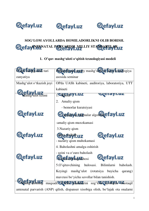  
1 
 
 
 
 
 
SOG‘LOM AYOLLARDA HOMILADORLIKNI OLIB BORISH. 
ANTENATAL PARVARISH. MILLIY STANDARTLAR 
 
1. O’quv mashg‘uloti o‘qitish texnologiyasi modeli 
 
O’quv mashg‘uloti turi 
zanyatiya 
Poliklinikada amaliy mashg‘ulot va  keys texnologiya 
asosida seminar  
Mashg‘ulot o‘tkazish joyi 
 
OPda UASh kabineti, auditoriya, laboratoriya, UTT 
kabineti 
Mashg‘ulot tizimi  
 
1. Kirish  
2. Amaliy qism 
- bemorlar kuratsiyasi 
- amaliy ko‘nikmalar algoritmi 
-amaliy qism muxokamasi 
 3.Nazariy qism  
– keys yechish 
- nazariy qism muhokamasi 
4. Baholashni amalga oshirish 
- uzini va o‘zaro baholash 
- o‘qituvchining bahosi 
5.O’qituvchining 
hulosasi. 
Bilimlarni 
baholash. 
Keyingi mashg‘ulot (rotatsiya buyicha qarang) 
mavzusi bo‘yicha savollar bilan tanishish. 
Mashg‘ulotning maqsadi: UASh talabalarini sog‘lom ayollarda mustaqil 
antenatal parvarish (ANP) qilish, dispanser xisobiga olish, bo‘lajak ota onalarni 
