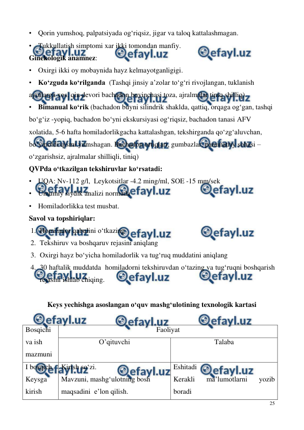  
25 
 
• Qorin yumshoq, palpatsiyada og‘riqsiz, jigar va taloq kattalashmagan. 
• Tukkullatish simptomi xar ikki tomondan manfiy.  
Ginekologik anamnez: 
• Oxirgi ikki oy mobaynida hayz kelmayotganligigi.  
• Ko‘zguda ko‘rilganda  (Tashqi jinsiy a’zolar to‘g‘ri rivojlangan, tuklanish 
ayollarga xos. qin devori bachadon buyinchasi toza, ajralmalar tiniq shilliq). 
• Bimanual ko‘rik (bachadon buyni silindrik shaklda, qattiq, orqaga og‘gan, tashqi 
bo‘g‘iz -yopiq, bachadon bo‘yni ekskursiyasi og‘riqsiz, bachadon tanasi AFV 
xolatida, 5-6 hafta homiladorlikgacha kattalashgan, tekshirganda qo‘zg‘aluvchan, 
bo‘yinoldi qismi yumshagan. Bachadon ortiqlari, gumbazlar, paramatriy sohasi – 
o‘zgarishsiz, ajralmalar shilliqli, tiniq)  
QVPda o‘tkazilgan tekshiruvlar ko‘rsatadi:  
• UQA: Nv-112 g/l,  Leykotsitlar -4.2 ming/ml, SOE -15 mm/sek 
• Umumiy siydik analizi normada 
• Homiladorlikka test musbat. 
Savol va topshiriqlar: 
1. Homilador qabulini o‘tkazing  
2. Tekshiruv va boshqaruv rejasini aniqlang  
3. Oxirgi hayz bo‘yicha homiladorlik va tug‘ruq muddatini aniqlang 
4. 30 haftalik muddatda  homiladorni tekshiruvdan o‘tazing va tug‘ruqni boshqarish 
rejasini ishlab chiqing. 
 
Keys yechishga asoslangan o‘quv mashg‘ulotining texnologik kartasi 
 
Bosqichi 
va ish 
mazmuni 
Faoliyat 
O’qituvchi 
Talaba 
I bosqich. 
Keysga 
kirish 
Kirish so‘zi. 
Mavzuni, mashg‘ulotning bosh 
maqsadini  e’lon qilish.  
Eshitadi  
Kerakli 
ma’lumotlarni 
yozib 
boradi 
